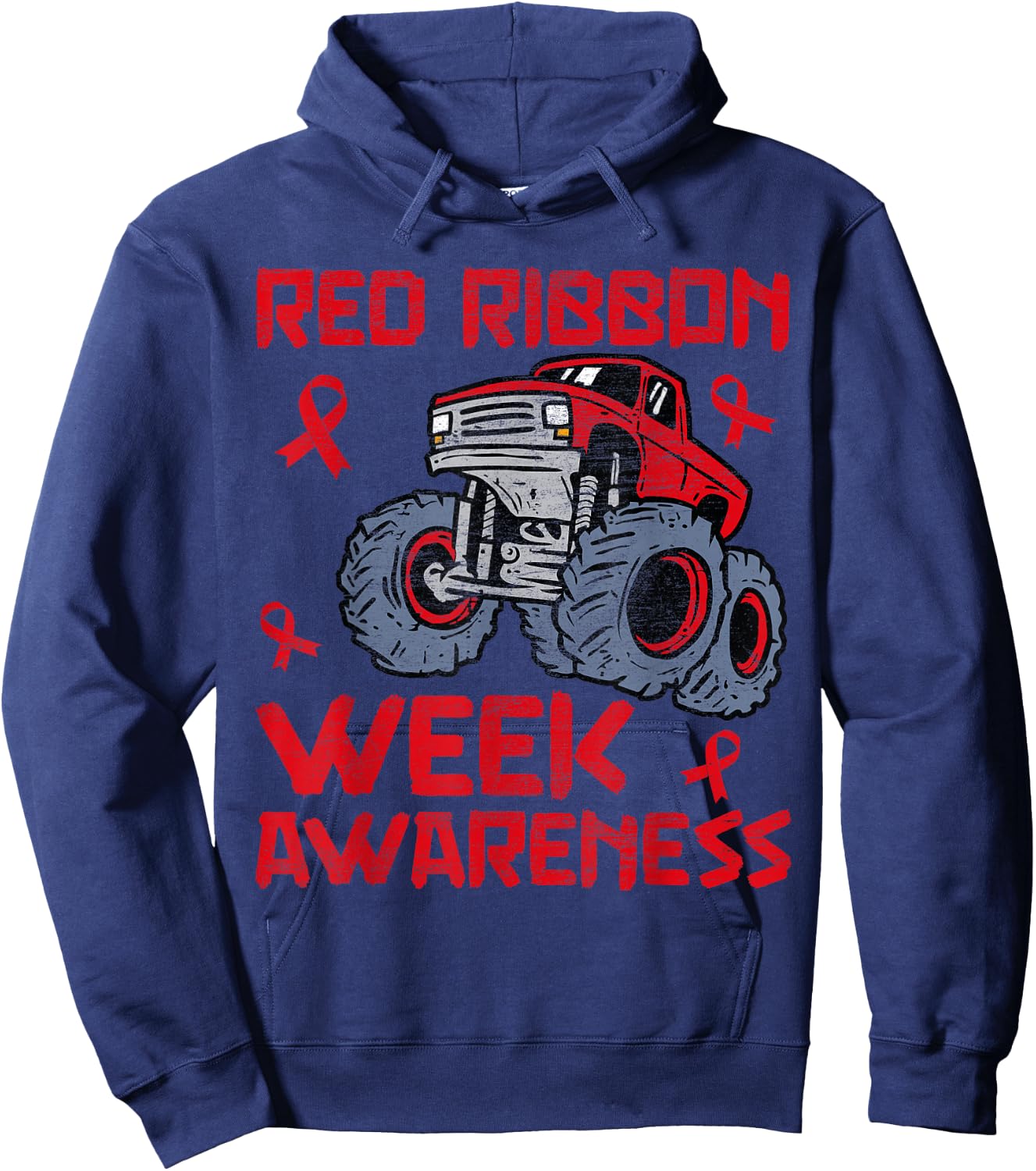 Red Ribbon Week Awareness Monster Truck Toddler Teens Kids Hoodie - Hoodie | Navy
