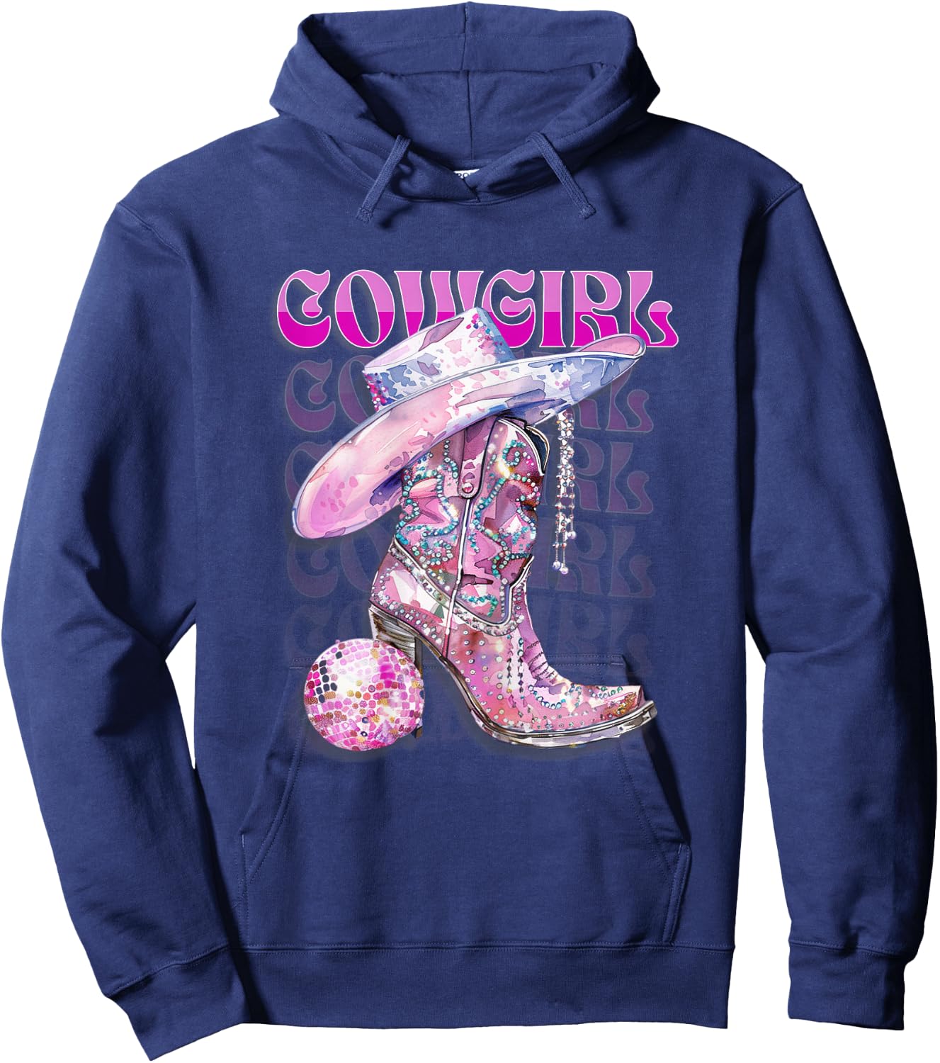 Pink Cowgirl Boots Disco Western Country Cow Girl Coastal Hoodie - Hoodie | Navy