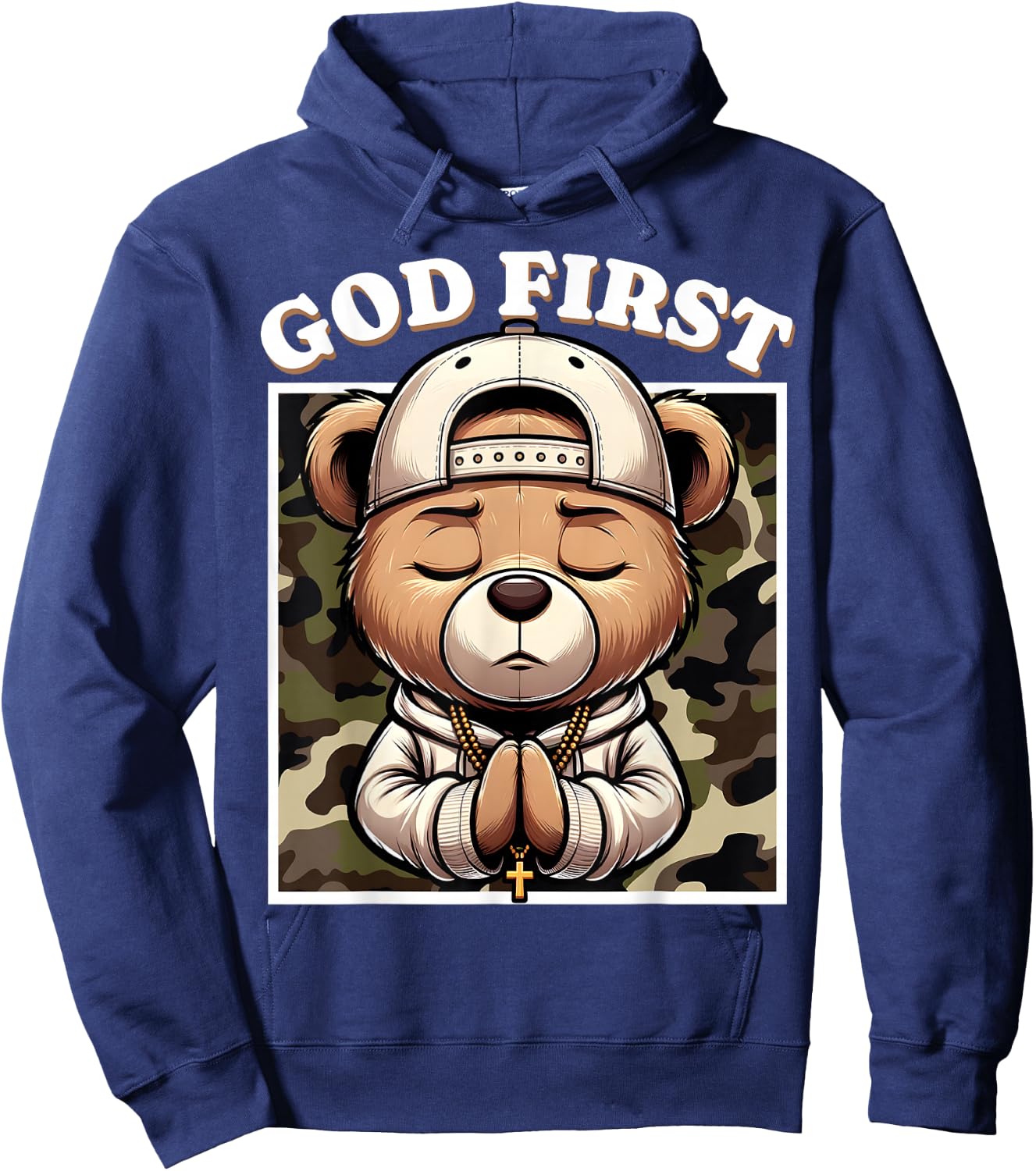 God First Hip Hop Camo Teddy Bear Christian Streetwear Pray Hoodie - Hoodie | Navy