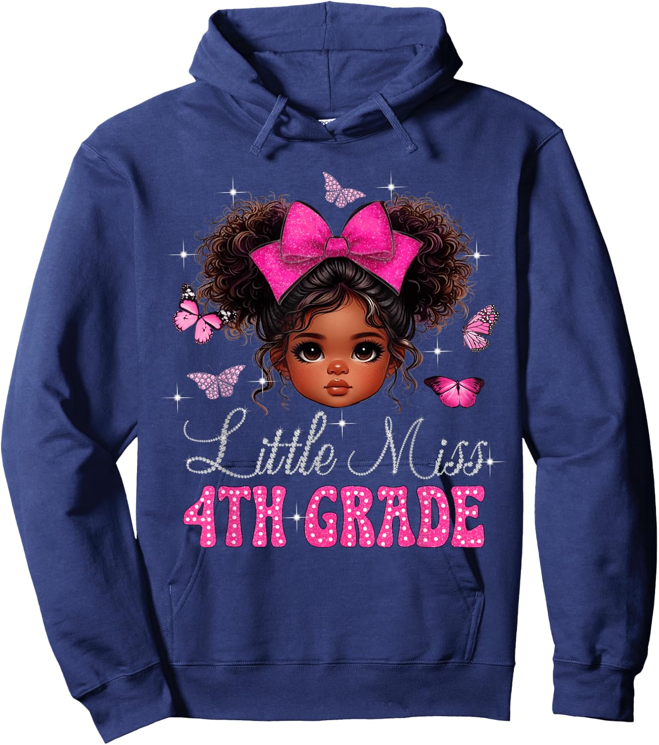 Little Miss 4th Grade Messy Bun Black Girls Back To School Hoodie - Hoodie | Navy