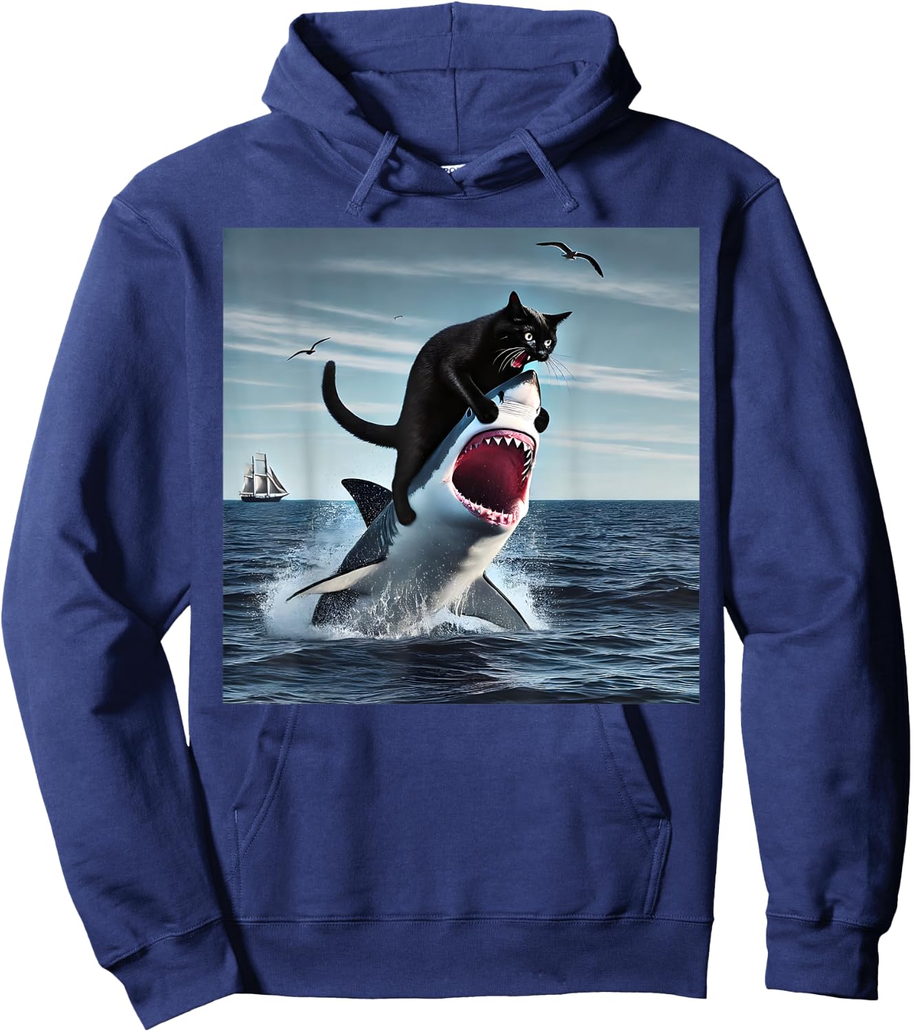 funny Art & Cat Lover Quote Cat Biting Shark Cool Black Cat Men Women Hoodie - Hoodie | Navy