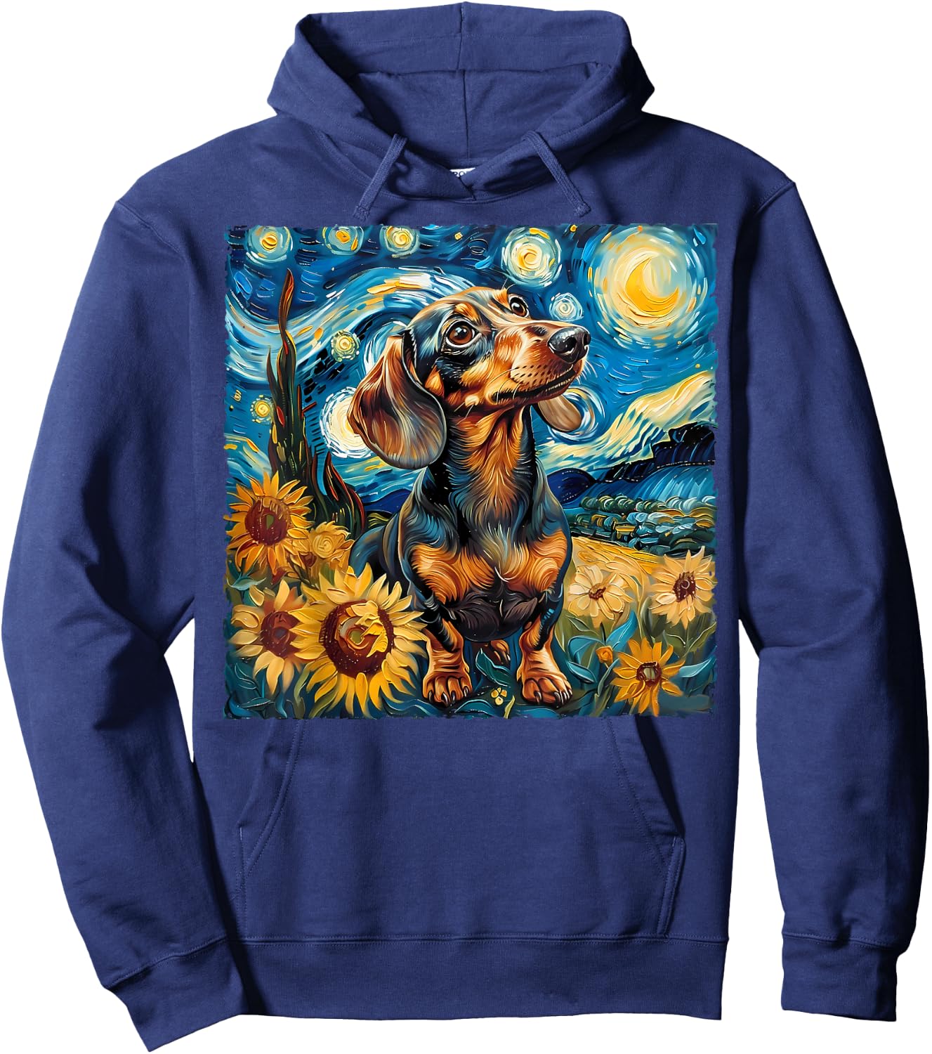 Van Gogh Style Funny Brown Dachshund Lover Starry Night Art Hoodie - Hoodie | Navy