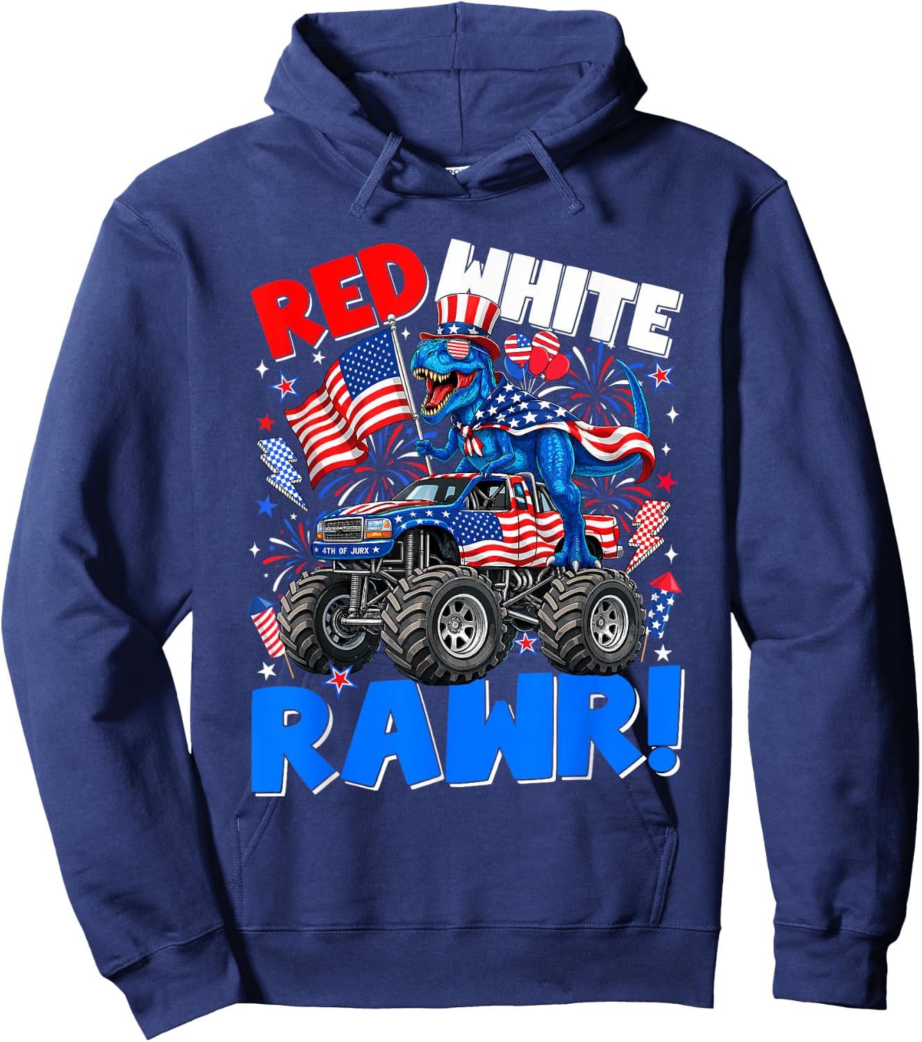 Red White Rawr T-Rex Monster Truck 4th of July Patriotic Boy Hoodie - Hoodie | Navy
