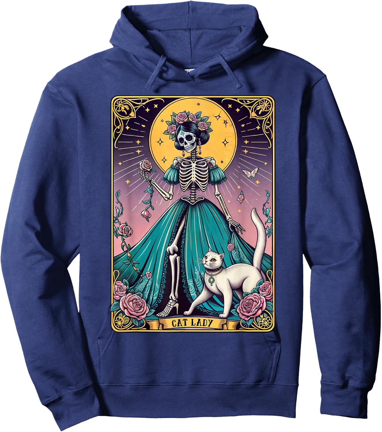 Cat Lady Tarot Card Skeleton Woman Funny Cat Lover Hoodie - Hoodie | Navy