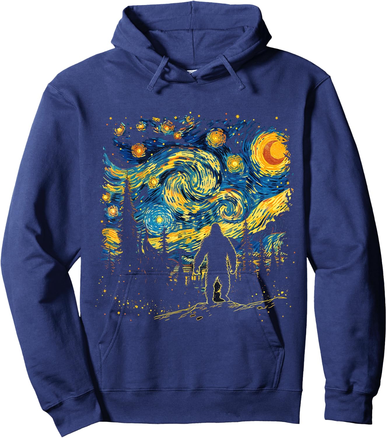 Funny Bigfoot Starry Night Sasquatch Van Gogh Sky Painting Hoodie - Hoodie | Navy