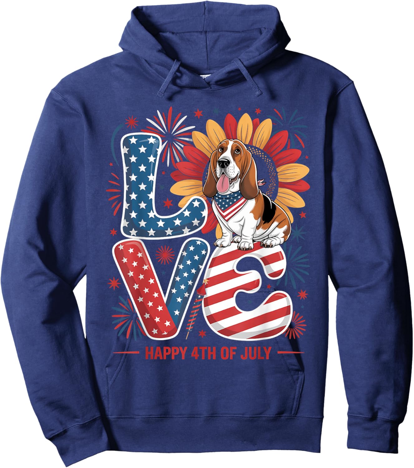 Funny Love Basset Hound Dog USA Flag Patriotic 4th Of July Women Kids Hoodie - Hoodie | Navy