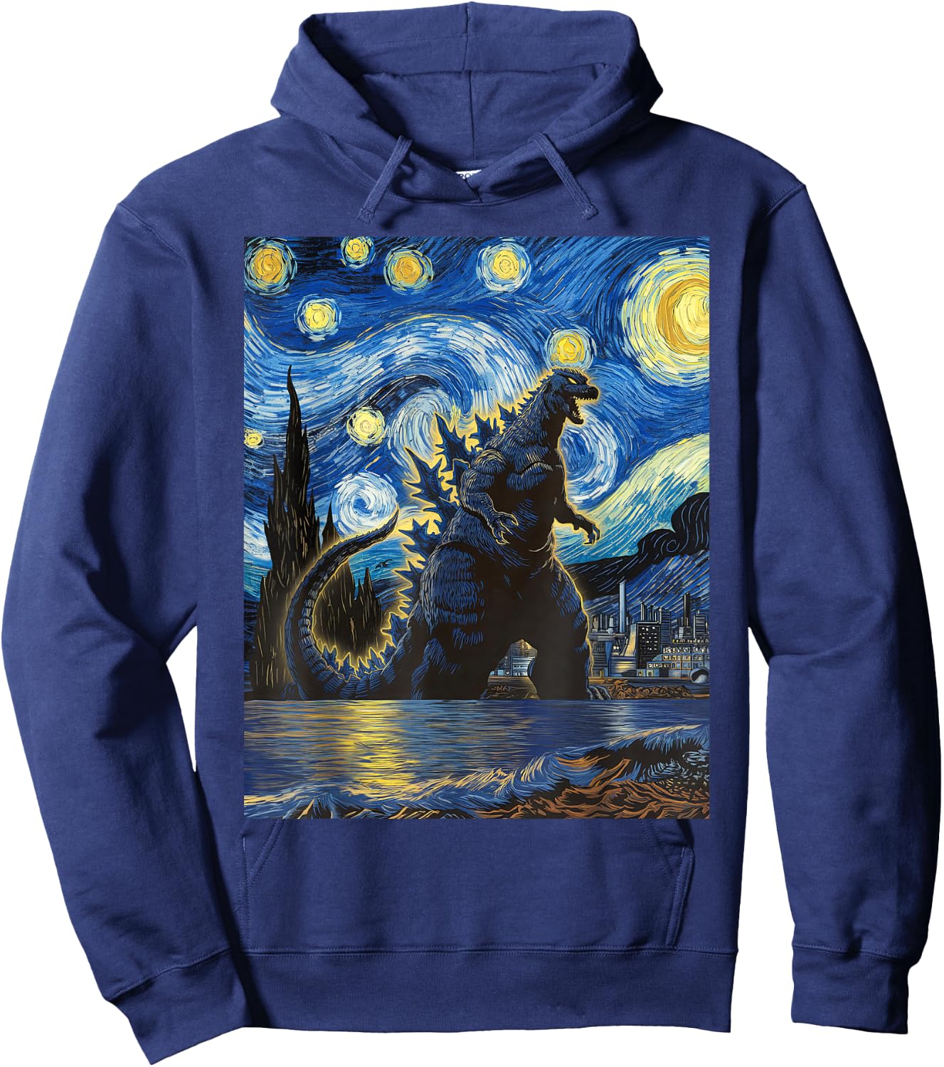 Vintage Japanese Monster Kaiju in Van Gogh Starry Night Art Hoodie - Hoodie | Navy