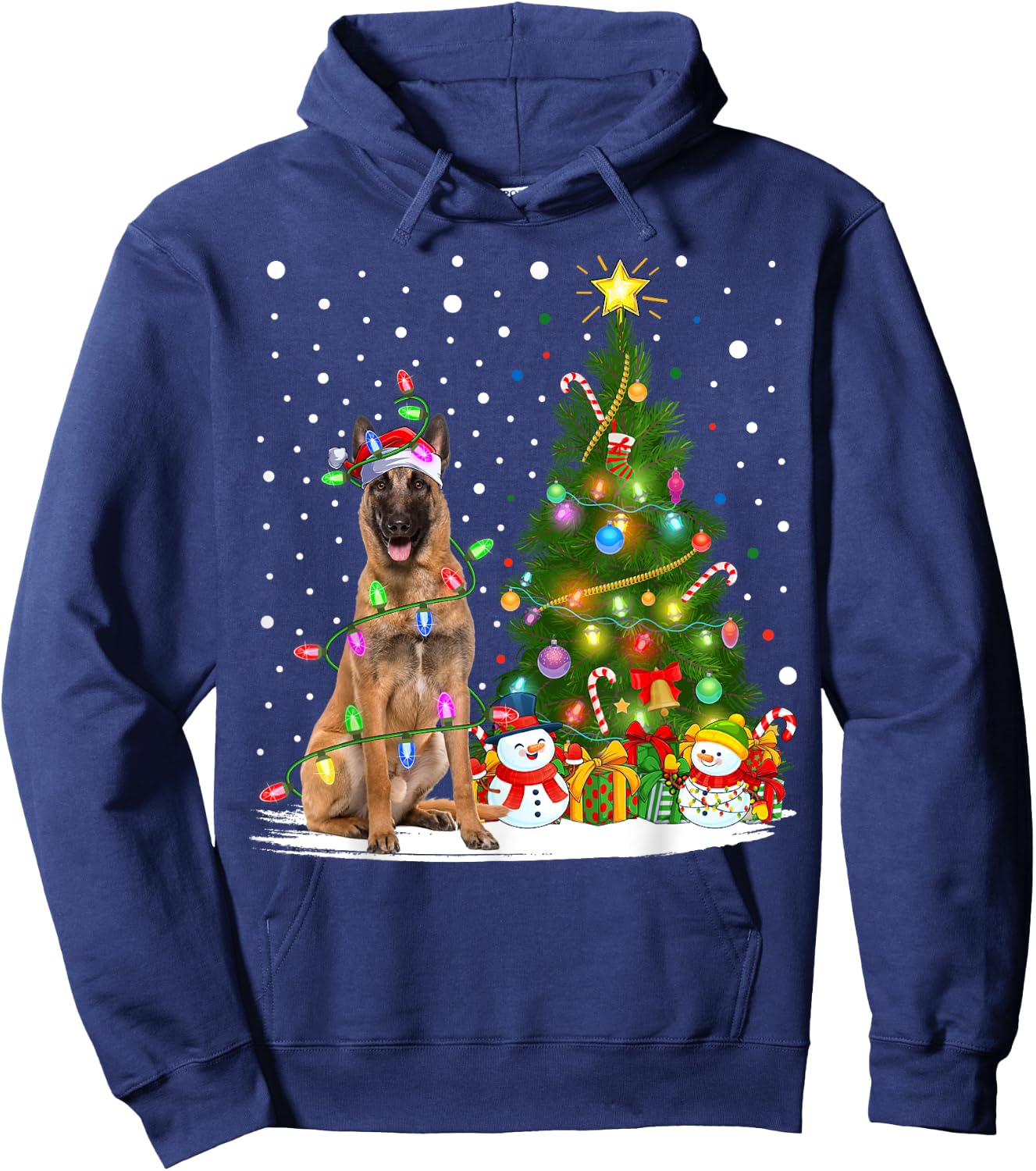Lighting Xmas Tree Santa Belgian Malinois Dog Christmas Men Women Kids Hoodie - Hoodie | Navy