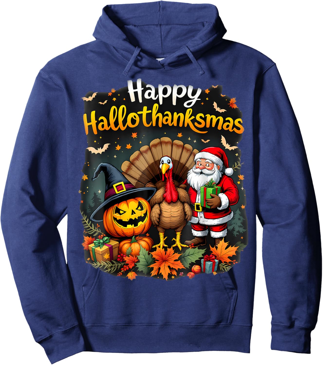 Happy Hallothanksmas Thanksgiving Halloween Merry Christmas Hoodie - Hoodie | Navy