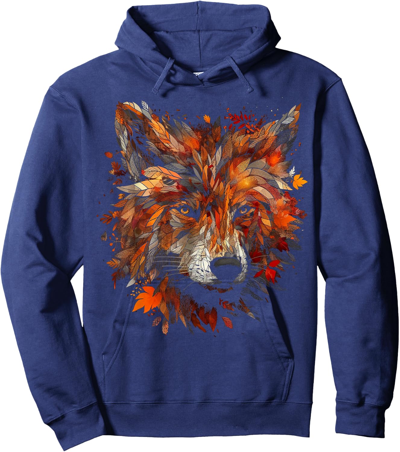 Wolf Autumn Leaves - Animal Art Motif Wolf Hoodie - Hoodie | Navy