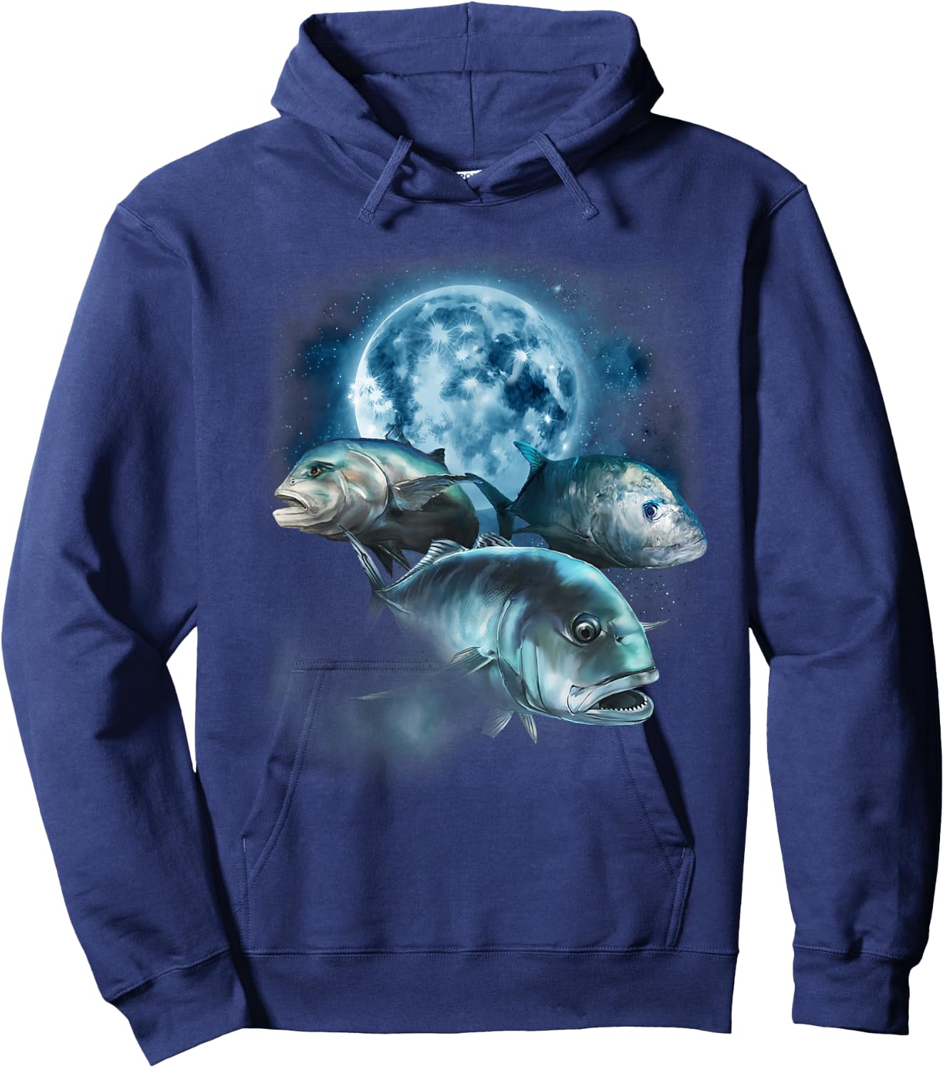 Ulua Fishing Shirt - Trevally Fish Howling at the Moon Hoodie - Hoodie | Navy