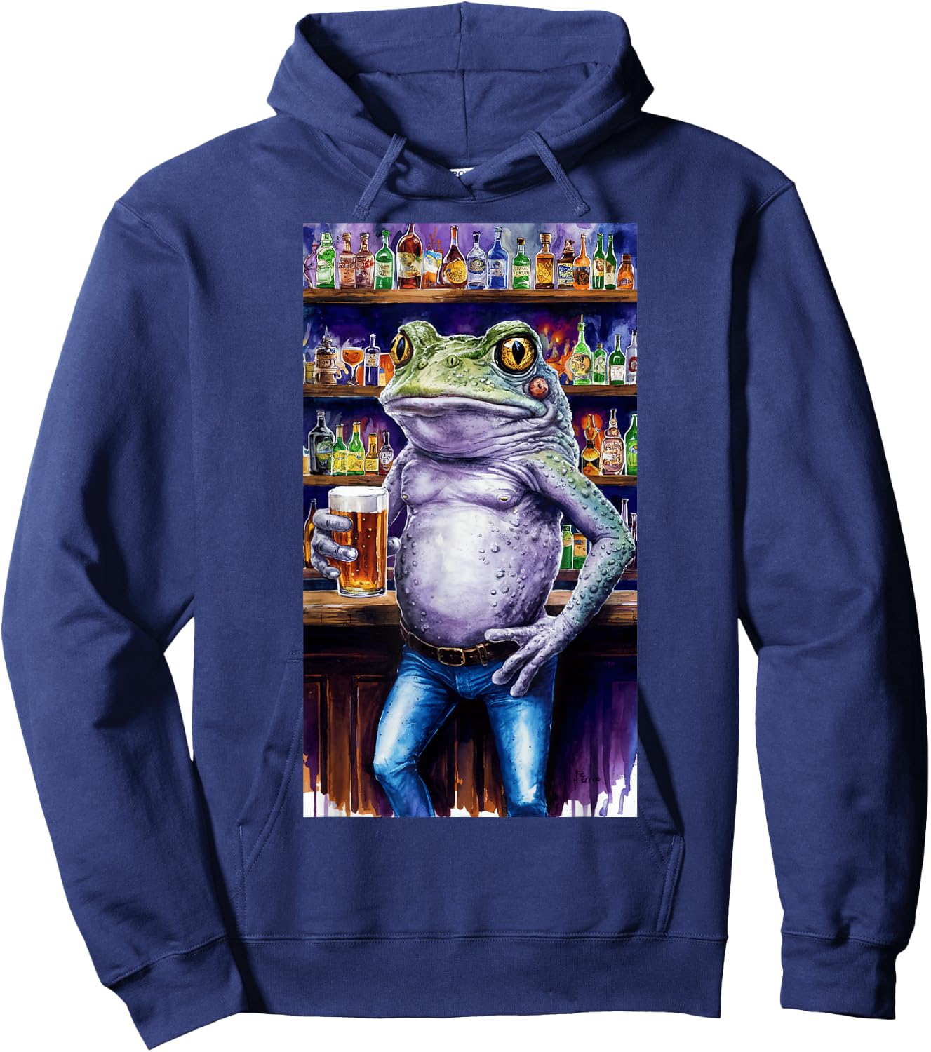 Frog Standing In A Bar Holding A Beer Adult Image Hoodie - Hoodie | Navy