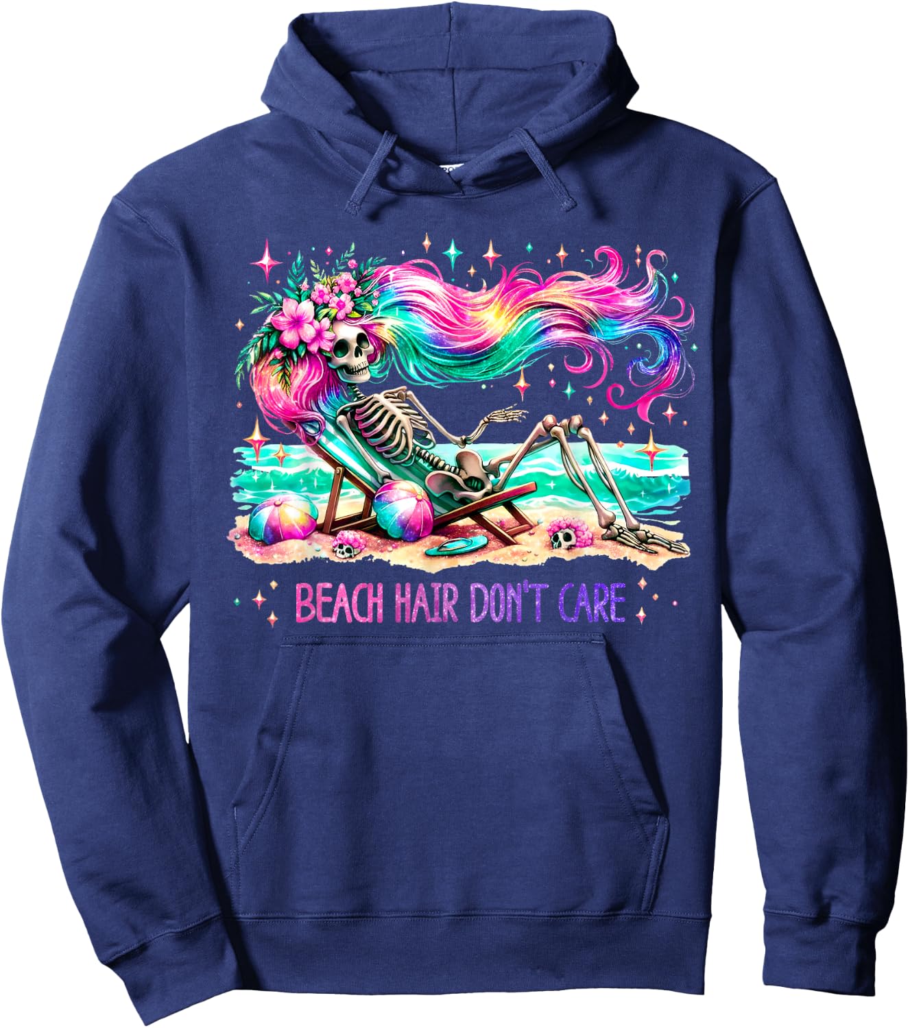 Beach Hair Don't Care Skeleton Woman Summer Vacation Hawaii Hoodie - Hoodie | Navy