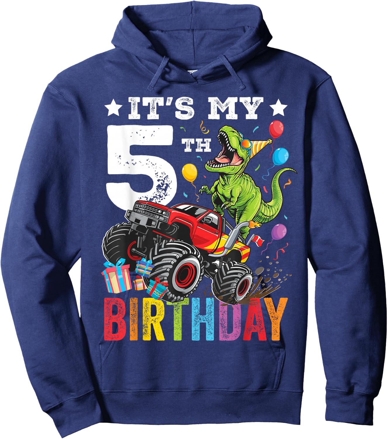 Five 5th Birthday Dinosaur Monster Truck Hoodie - Hoodie | Navy