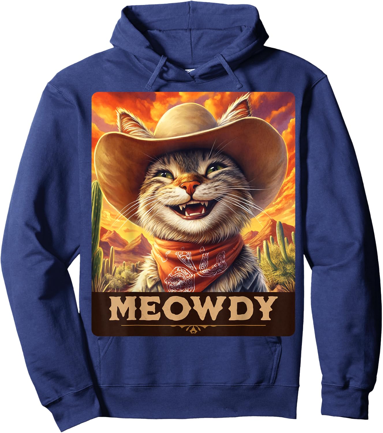 Meowdy, Cowboy: A Furry Friend in the Wild West, cat Hoodie - Hoodie | Navy