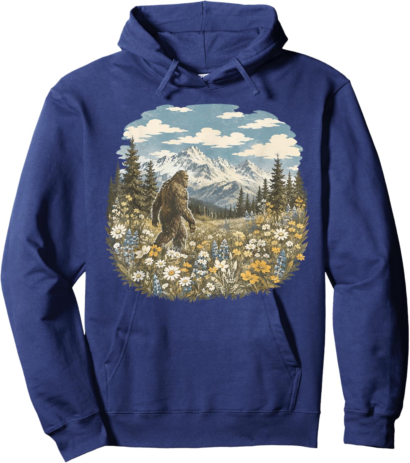 Vintage Sasquatch Floral Bigfoot Walks in A Field of Flowers Hoodie - Hoodie | Navy