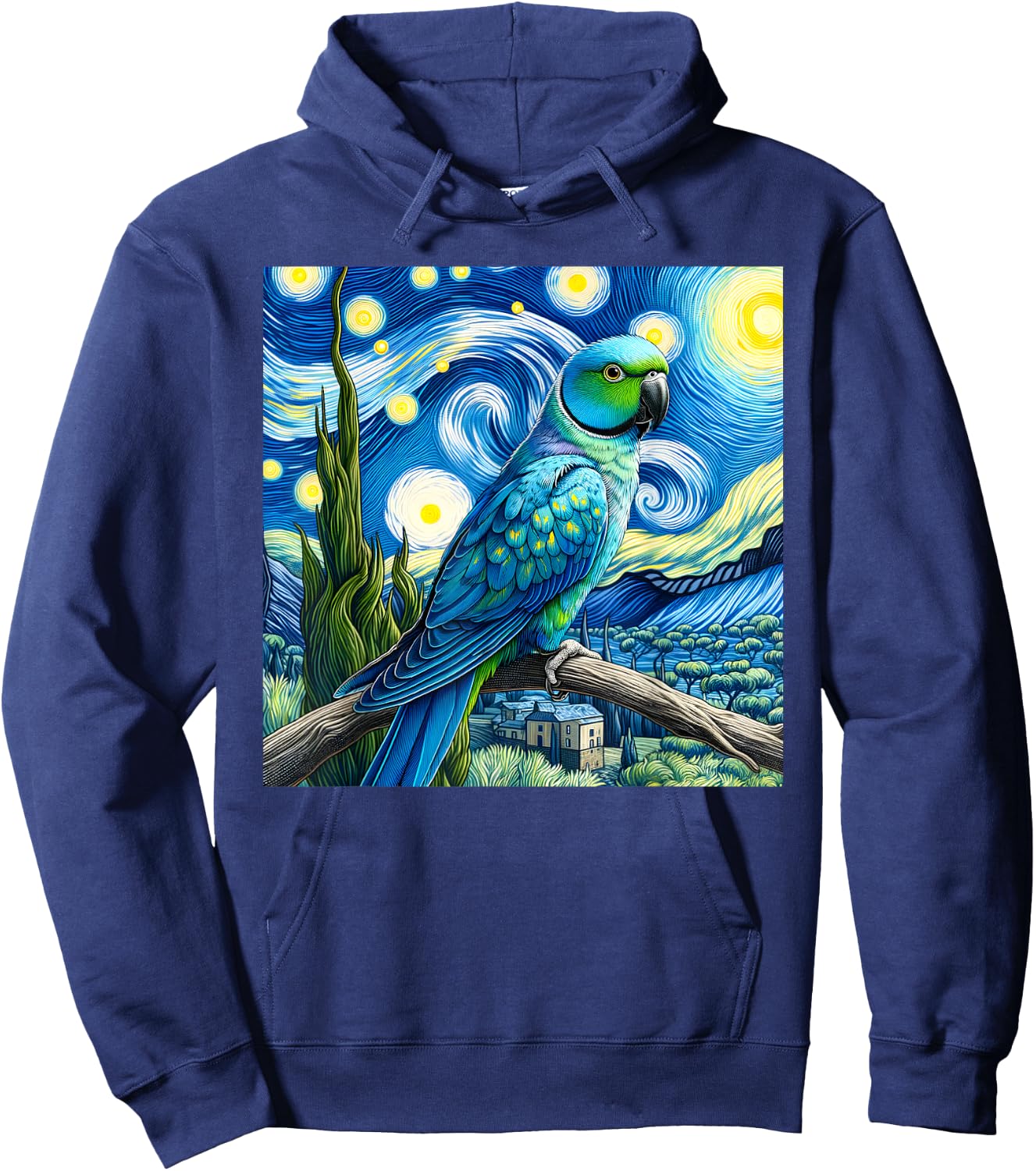 Blue Indian Ringneck Parrot Parakeet Starry Night Van Gogh Hoodie - Hoodie | Navy