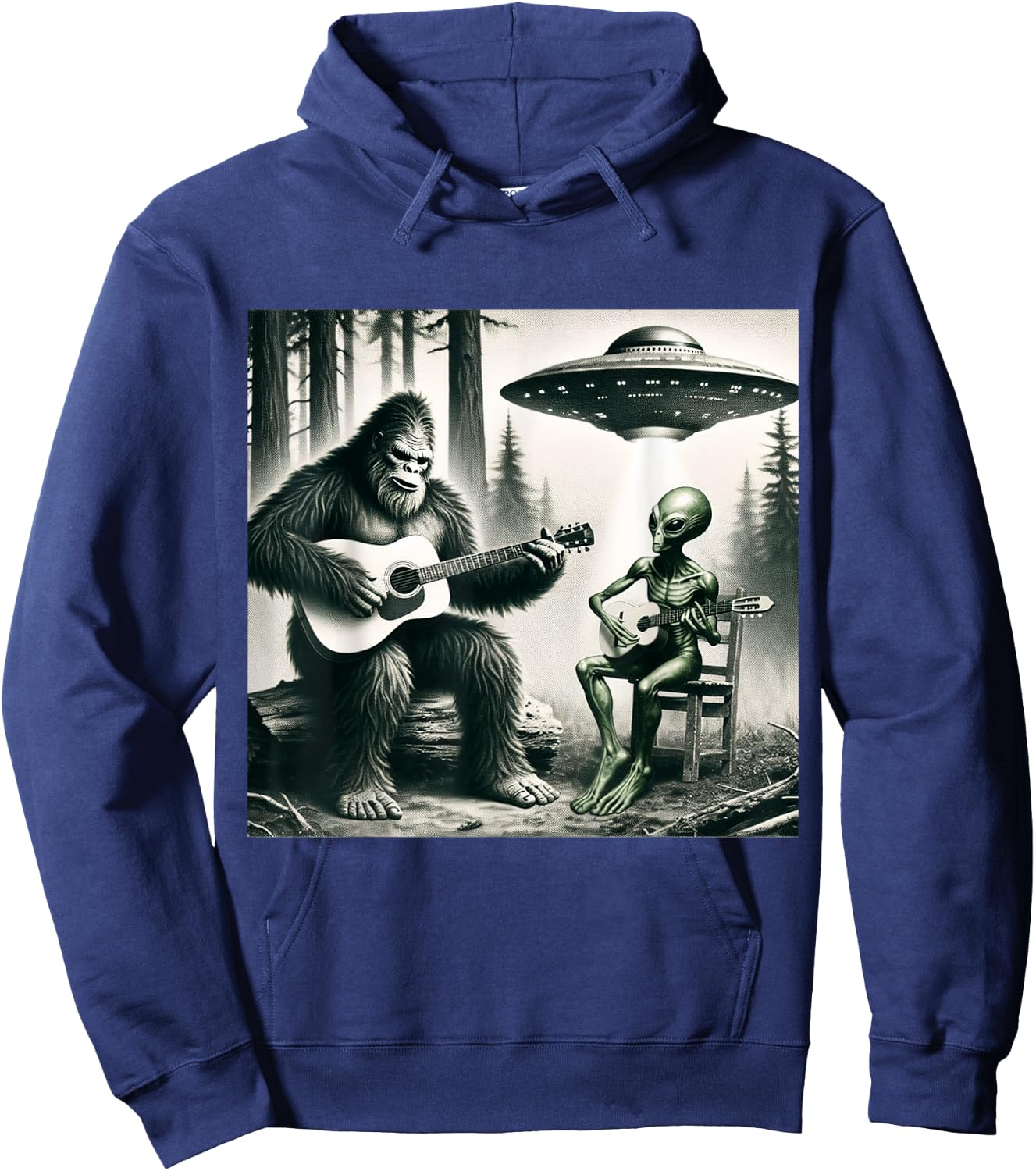 Funny Bigfoot And Alien Playing Electric Guitar. Bigfoot UFO Hoodie - Hoodie | Navy