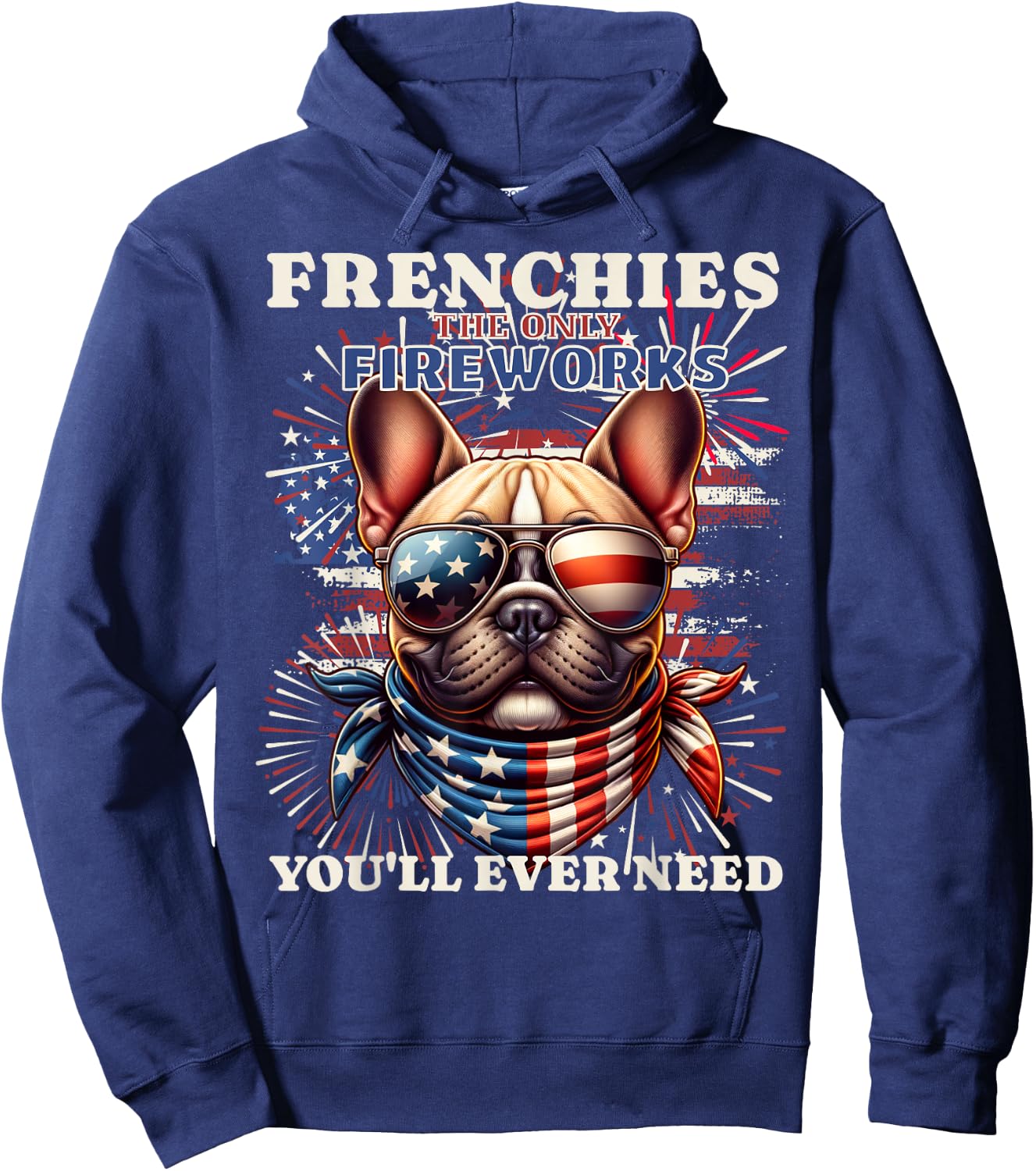 Frenchie Bulldog Patriotic 4th of July Fireworks USA Flag Hoodie - Hoodie | Navy