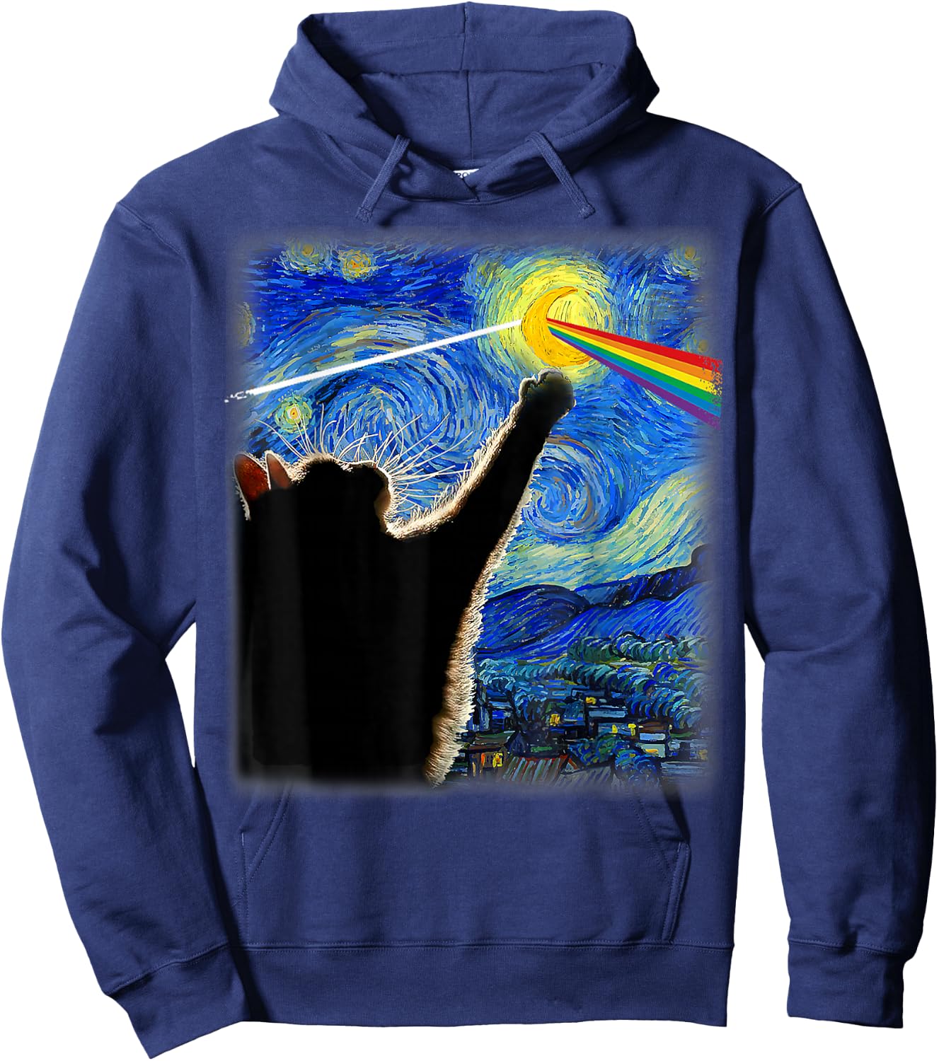 Cat Rock Music Cat Starry Night Van Gogh Art Funny Cat Gifts Women Kids Hoodie - Hoodie | Navy