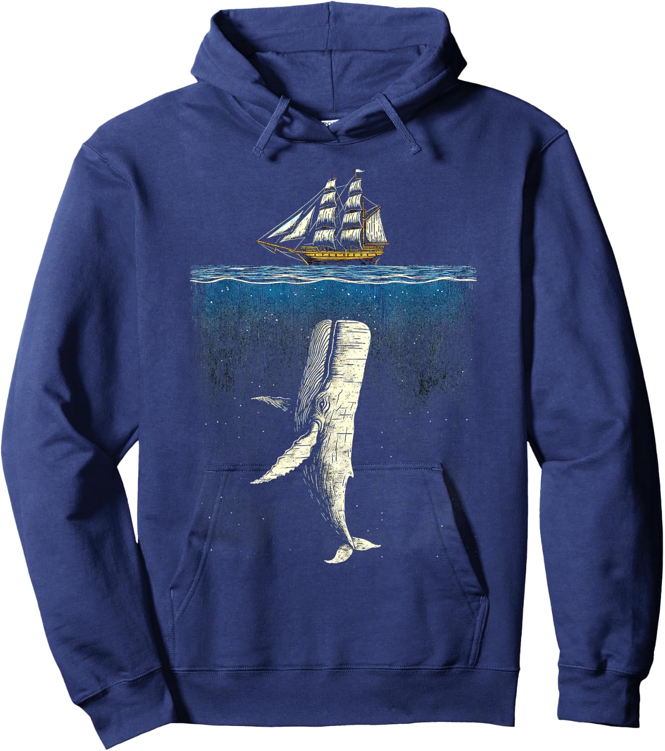 Moby Dick Inspired Threatening Whale and Ship Artwork Hoodie - Hoodie | Navy