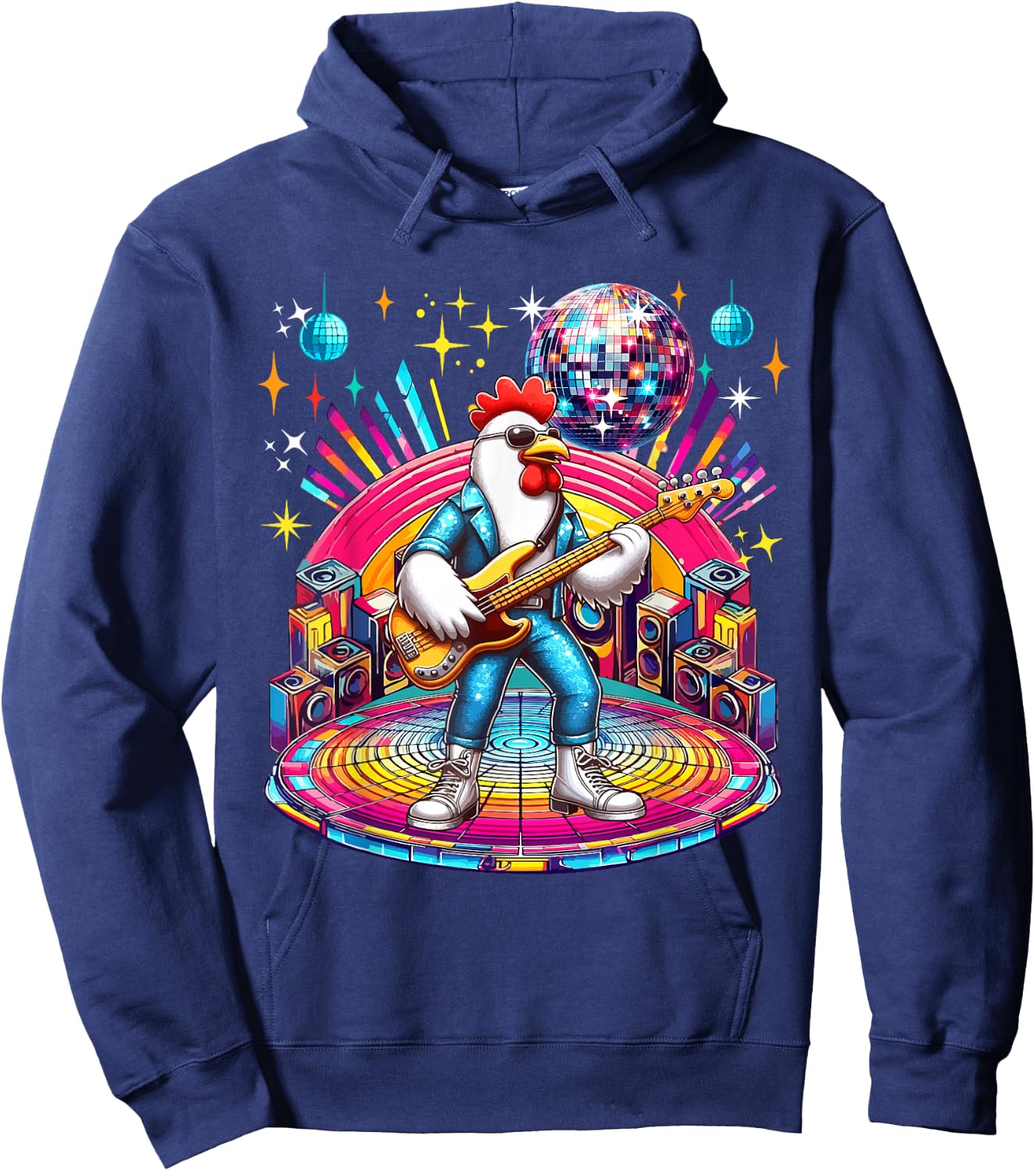 Chicken Sunglasses Playing Guitar Colourful Costume Disco Hoodie - Hoodie | Navy