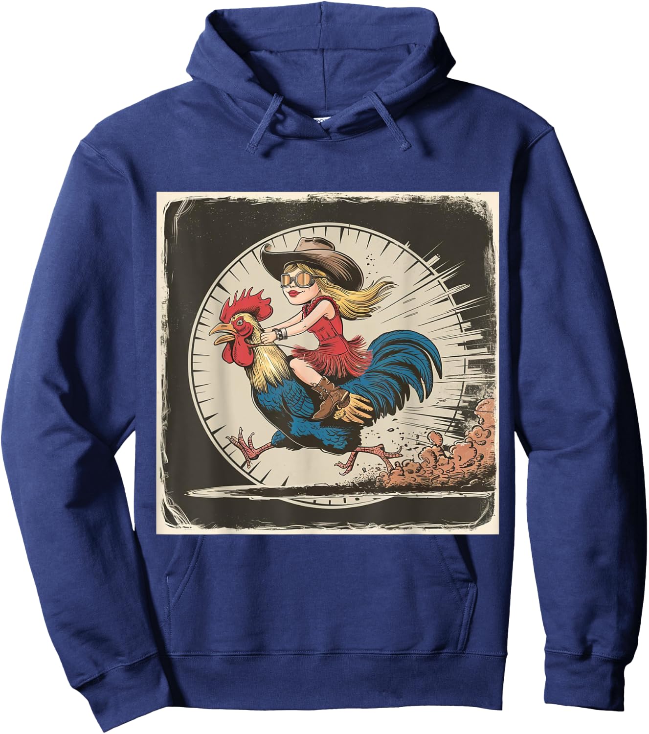 Funny Vintage Distressed Cowgirl Riding Chicken Rooster Hoodie - Hoodie | Navy