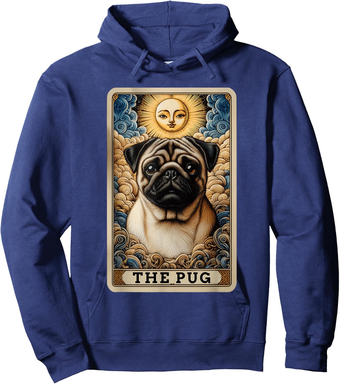 The Pug Tarot Card Dog Pug Dogs -Adult , Black, Small, Short Sleeve, Cartoon Dog Theme, Casual, Playful Hoodie - Hoodie | Navy