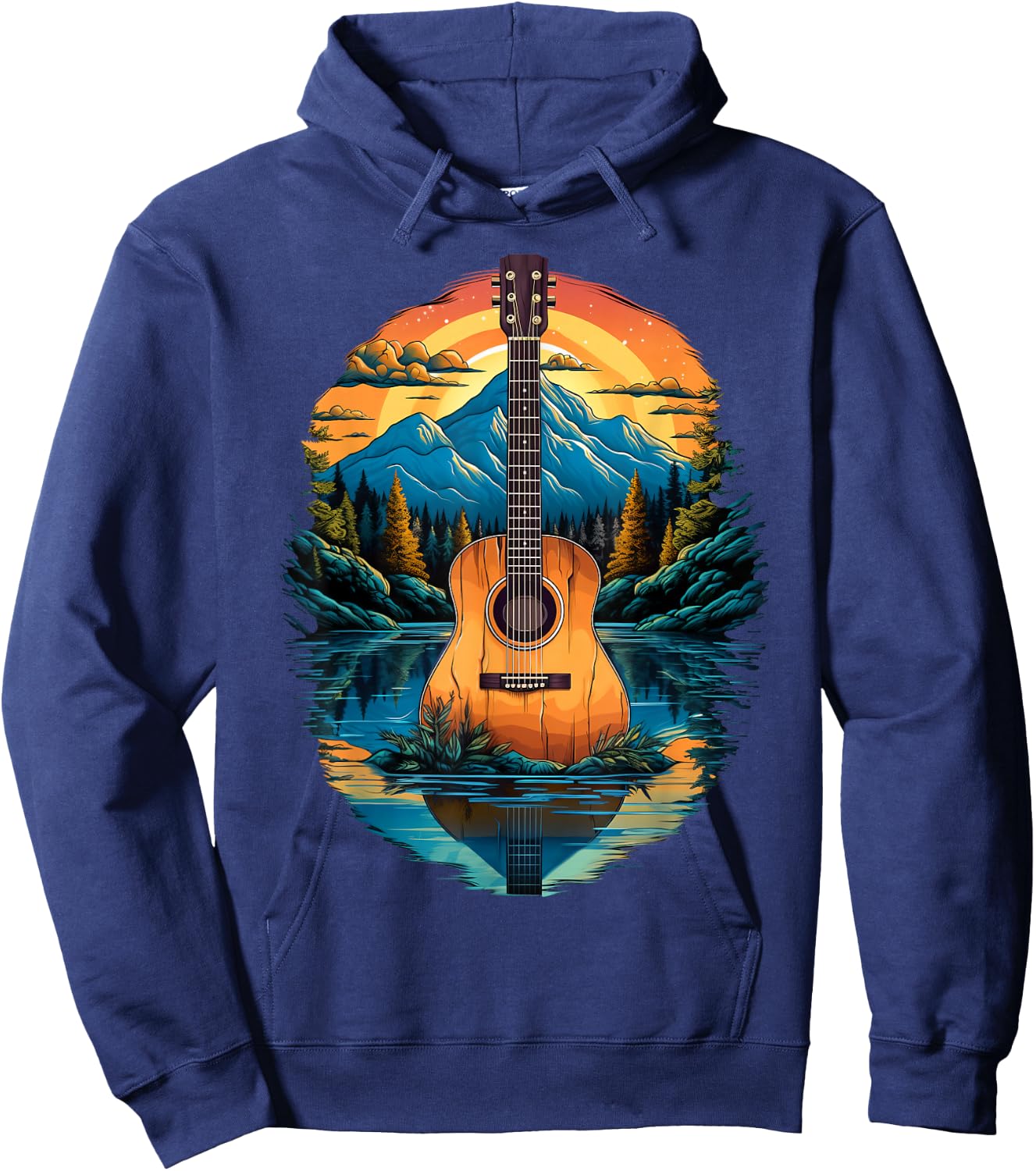 Acoustic Guitar Sunset By The Lake Hoodie - Hoodie | Navy