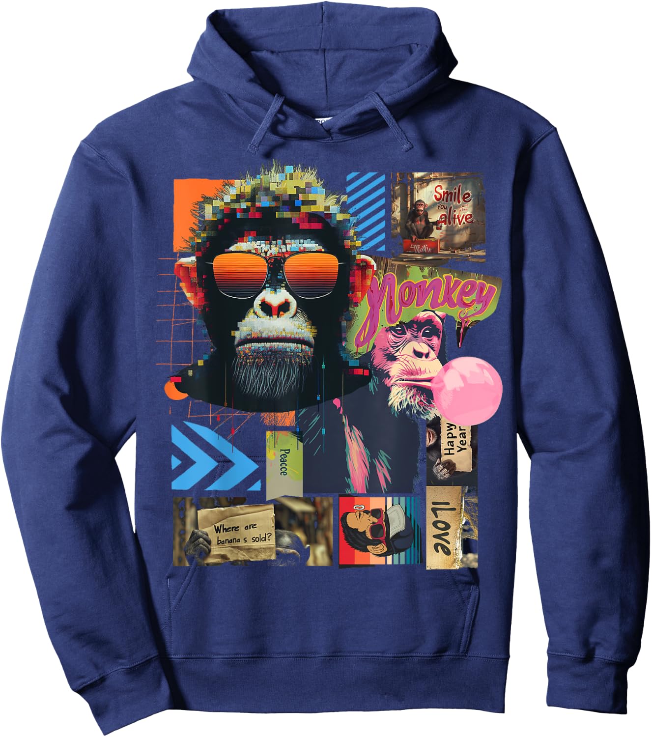 Monkey | Frontprint | Art Graphic Animal Artwork Monkey Hoodie - Hoodie | Navy