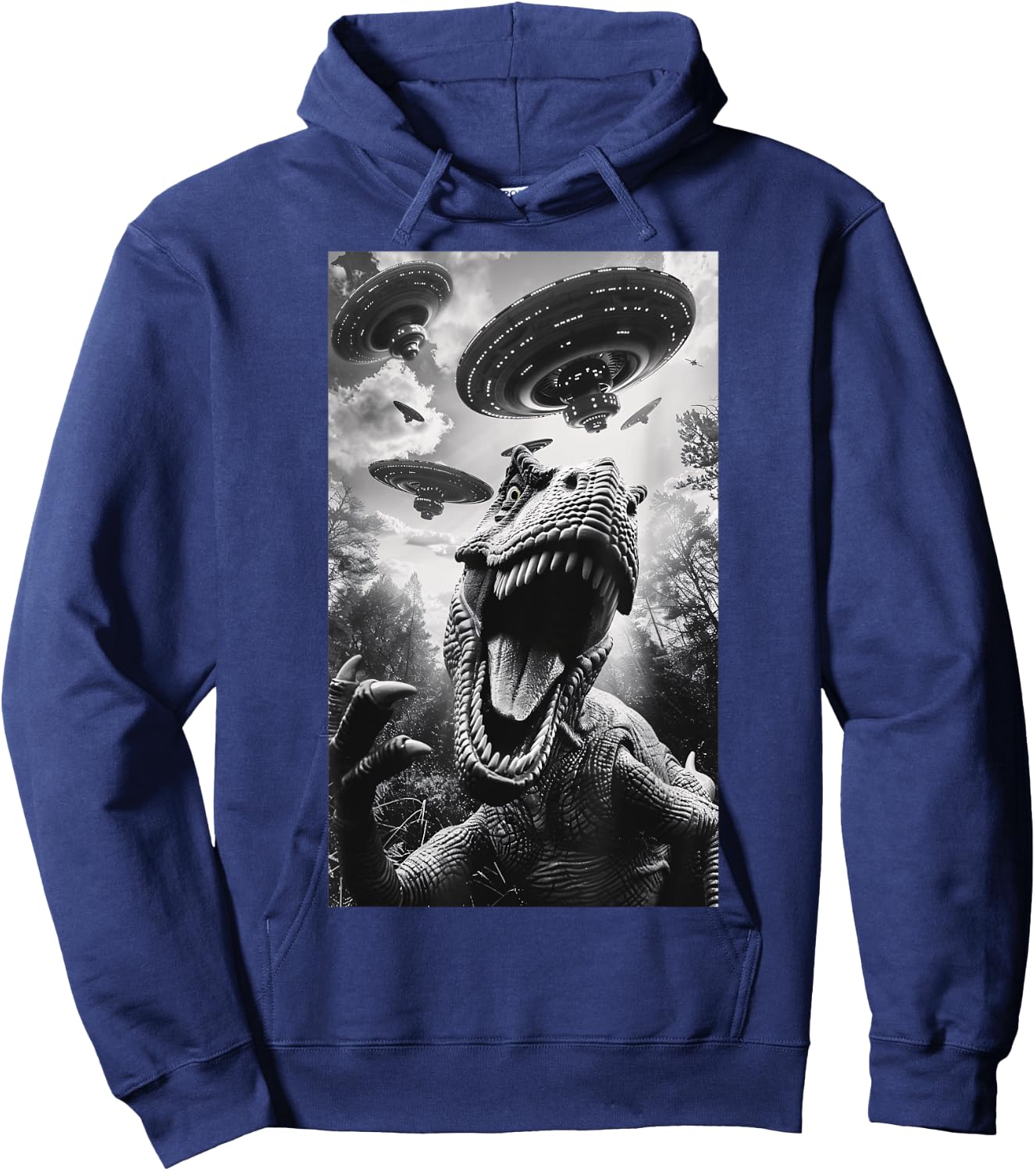 Funny T rex Dinosaur UFO Flying Saucer Alien Men Women Hoodie - Hoodie | Navy