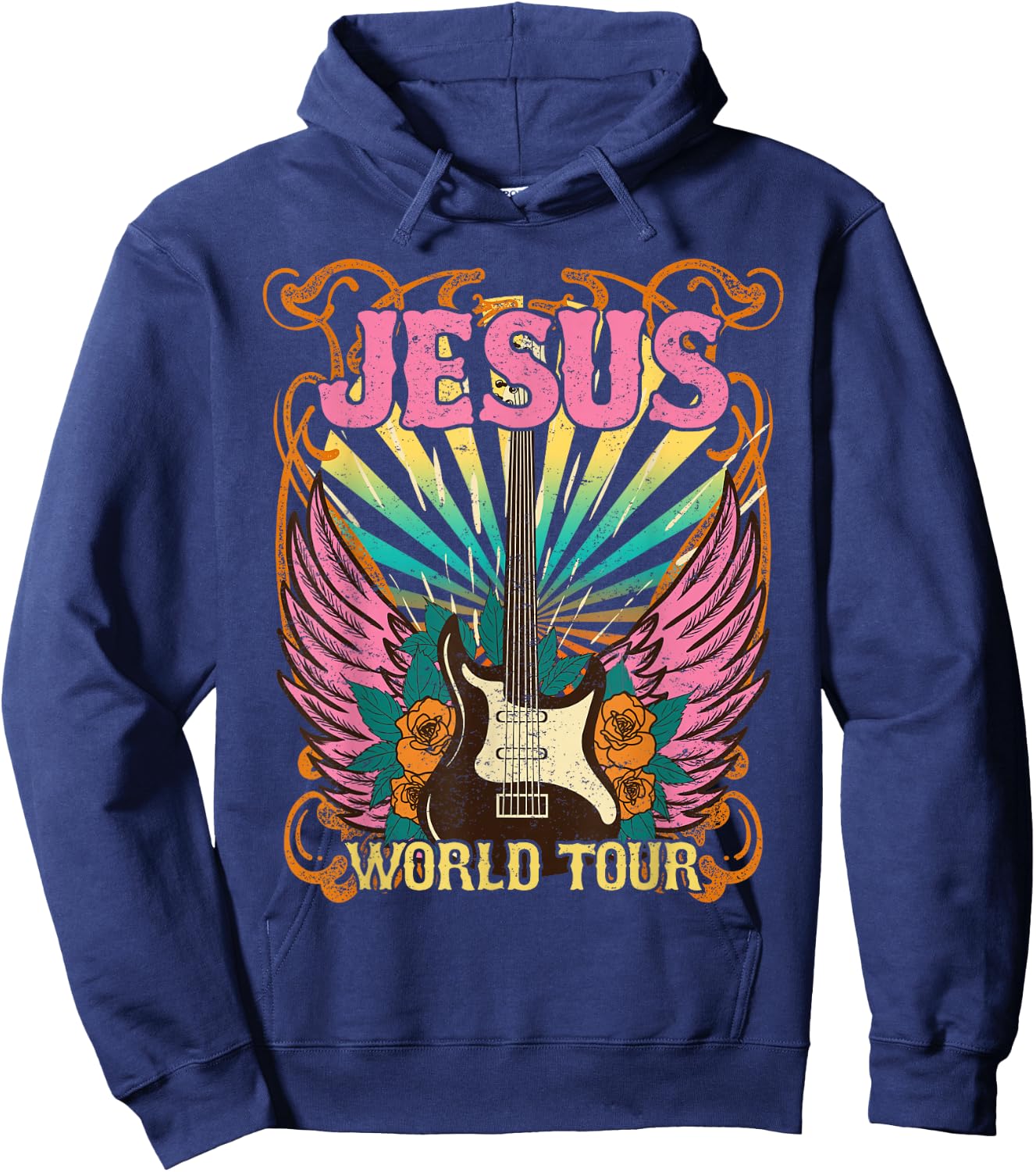 Jesus World Tour Retro 70s 80s Rock Concert Guitar Christian Hoodie - Hoodie | Navy