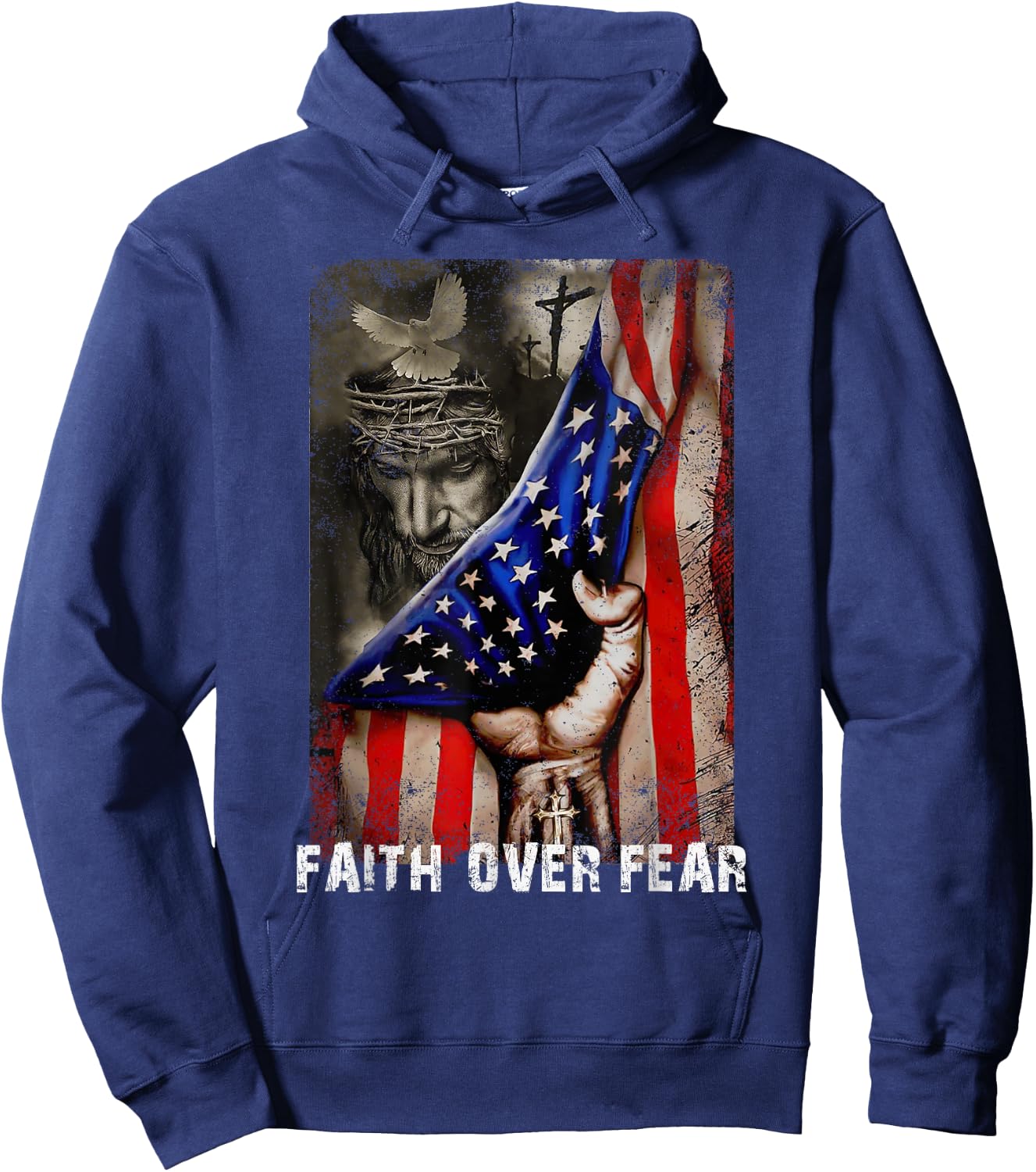 Vintage Faith Over Fear God Jesus Christian Flag 4th Of July Kids Men Hoodie - Hoodie | Navy
