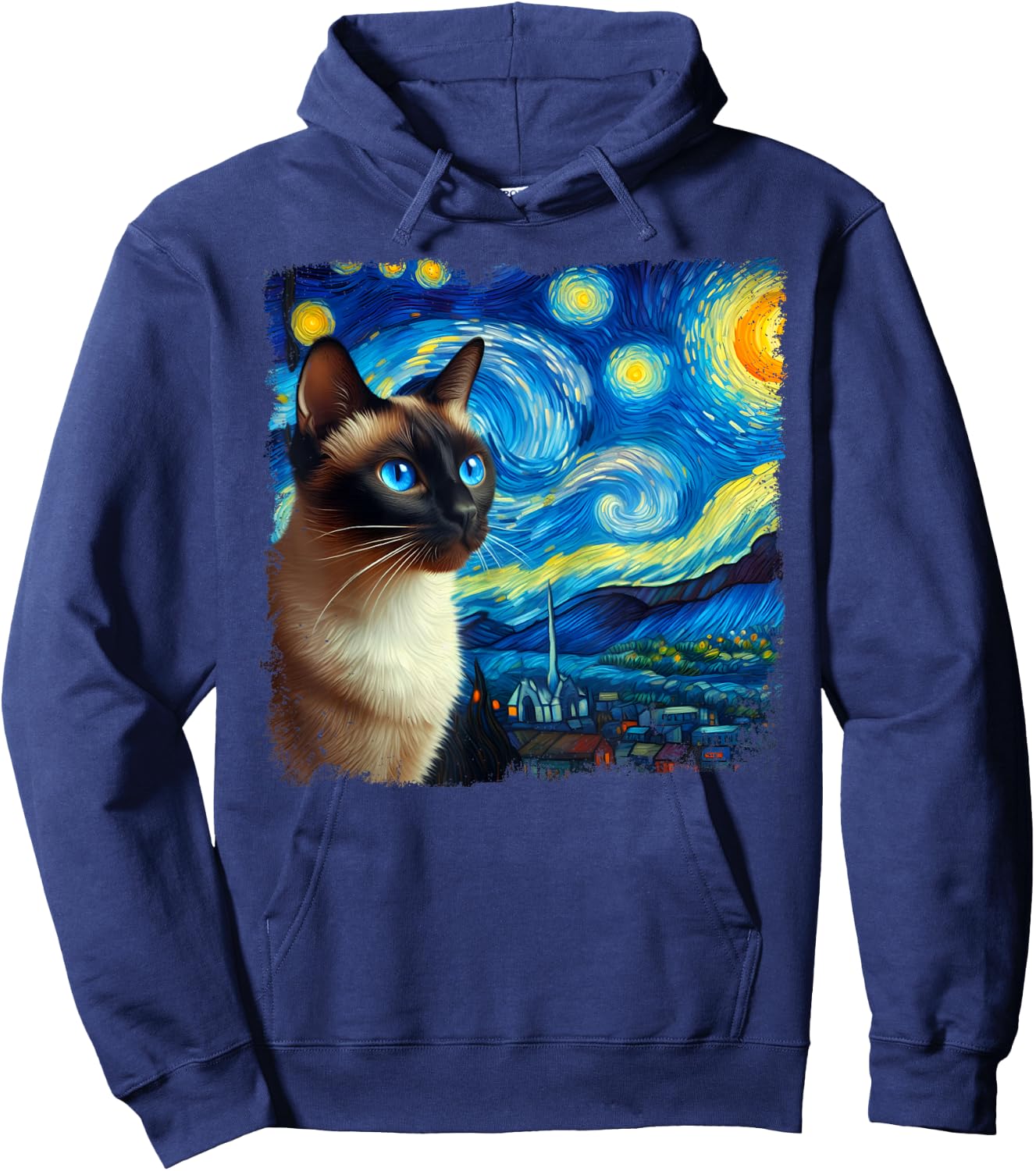 Funny Cute Siamese Cat Starry Night Van Gogh Painting Hoodie - Hoodie | Navy