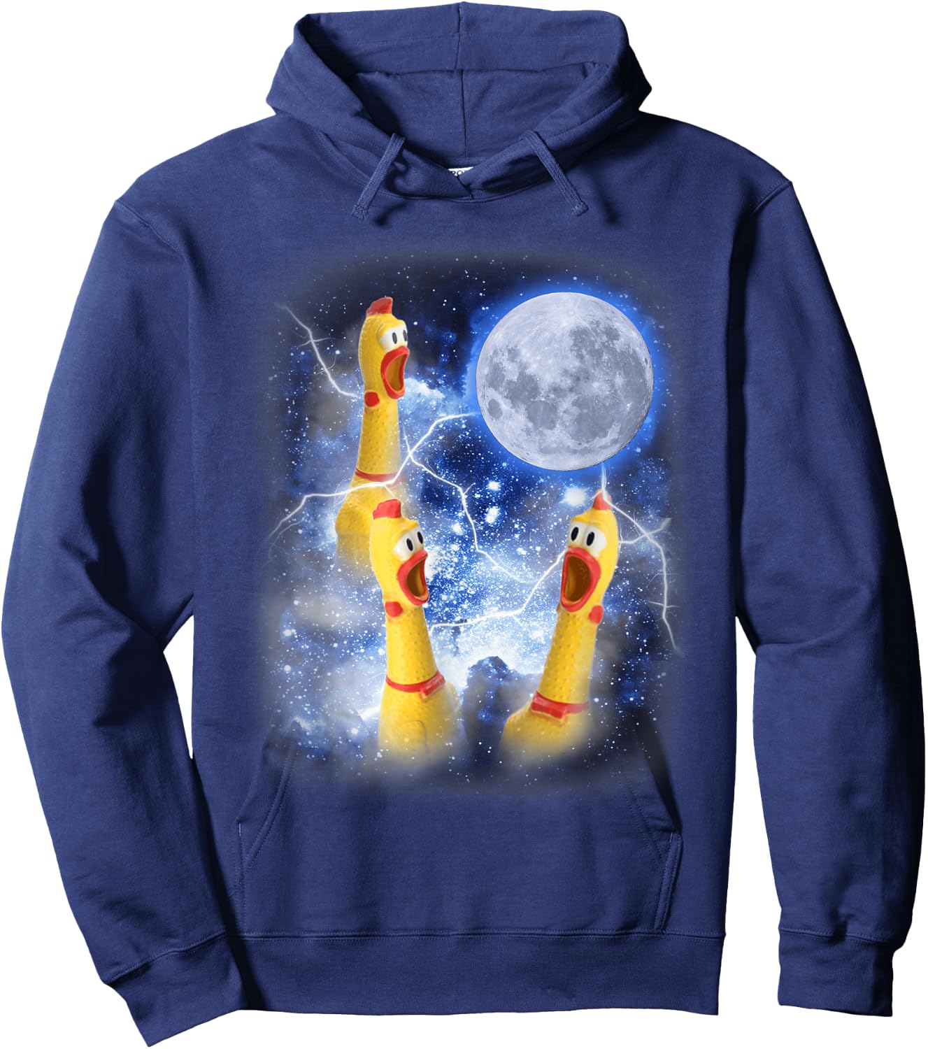 Three Rubber Chicken Moon Funny Screaming Fowl Cursed Joke Hoodie - Hoodie | Navy