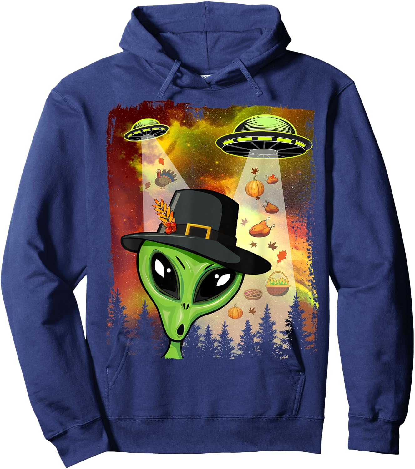 Alien Thanksgiving Invasion Funny UFO Holiday Graphic Hoodie - Hoodie | Navy