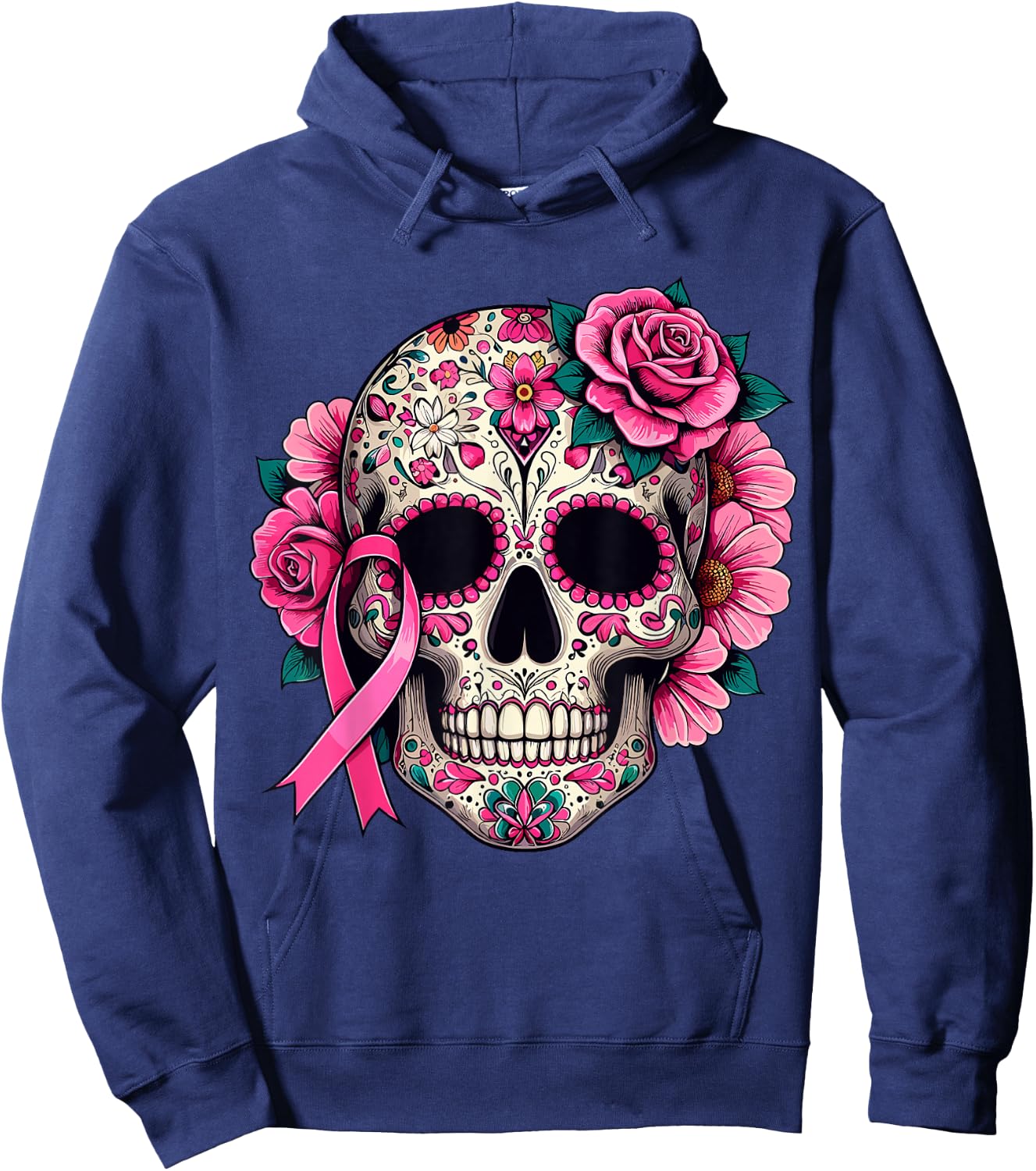 Sugar Skull Pink Ribbon Calavera Breast Cancer Awareness Hoodie - Hoodie | Navy