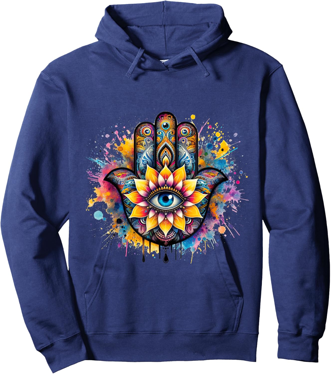 Beautiful Hamsa Hand Colorful with Fatima Eye and Lotus Hoodie - Hoodie | Navy