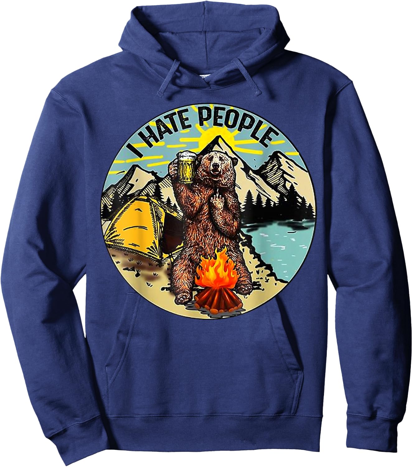 I Hate People Camping Bear Drinking Beer Vintage Funny Hoodie - Hoodie | Navy