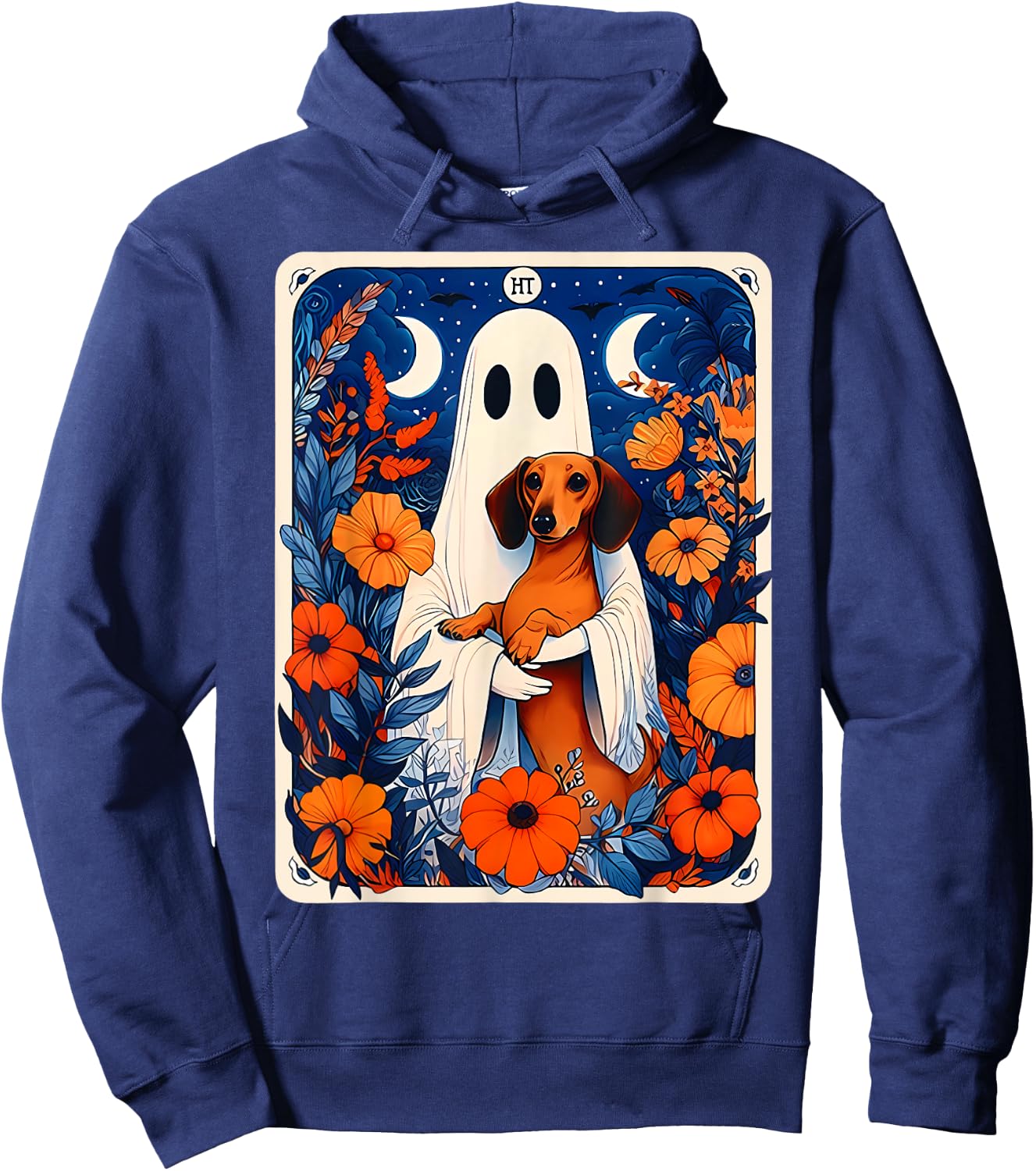Ghost Holding Dachshund Spooky Tarot Card Fall Halloween Hoodie - Hoodie | Navy