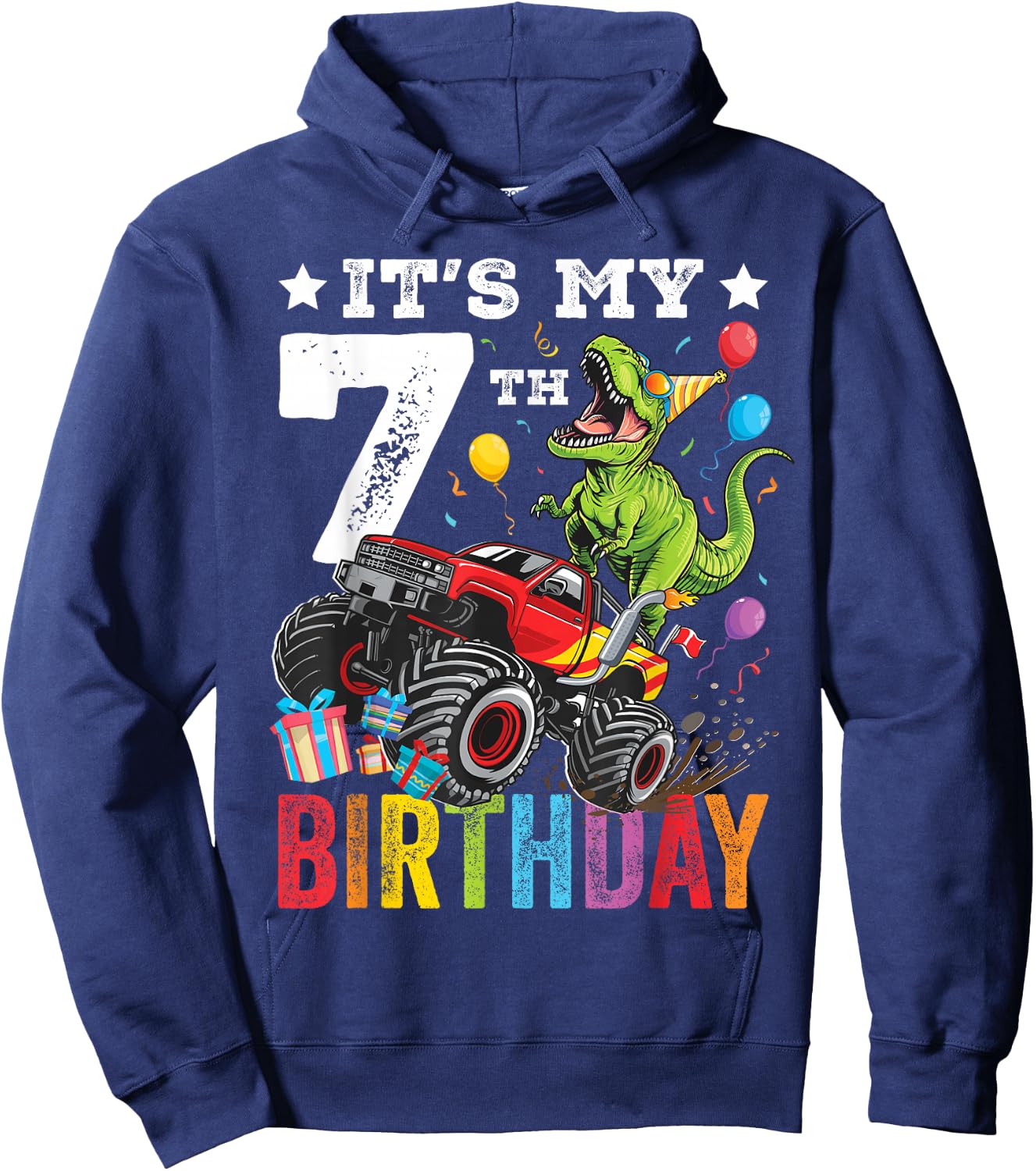 Seven 7th Birthday Dinosaur Monster Truck Hoodie - Hoodie | Navy