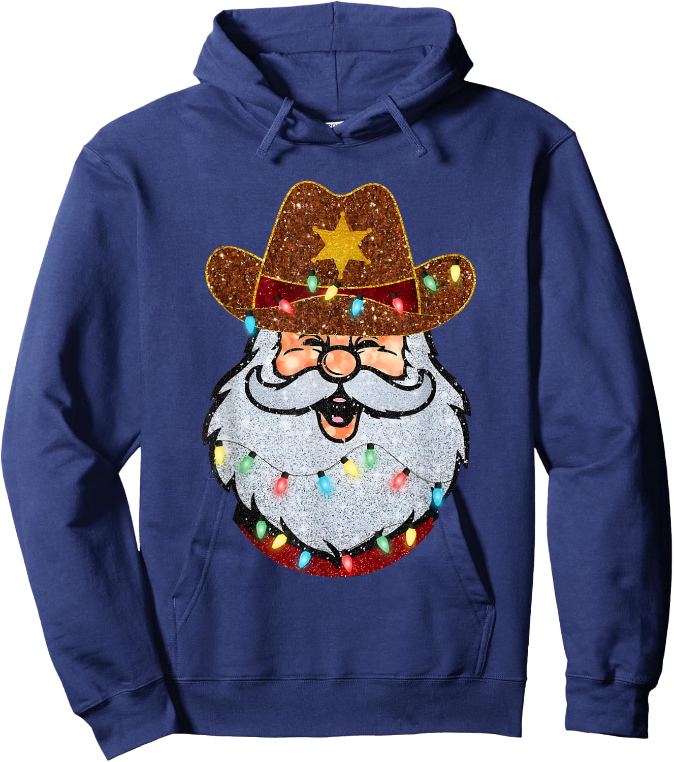 Santa Cowboy Western Christmas Xmas Lights Holiday Pajamas Hoodie - Hoodie | Navy