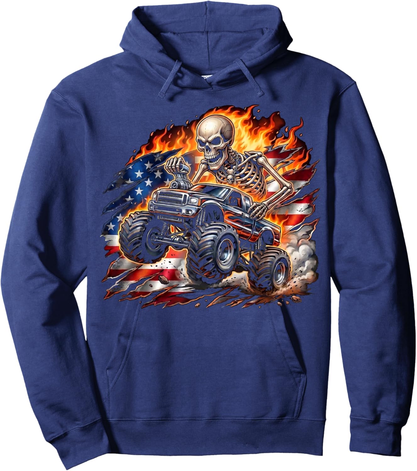 Patriotic Monster Truck Skeleton American Flag 4th of July Hoodie - Hoodie | Navy