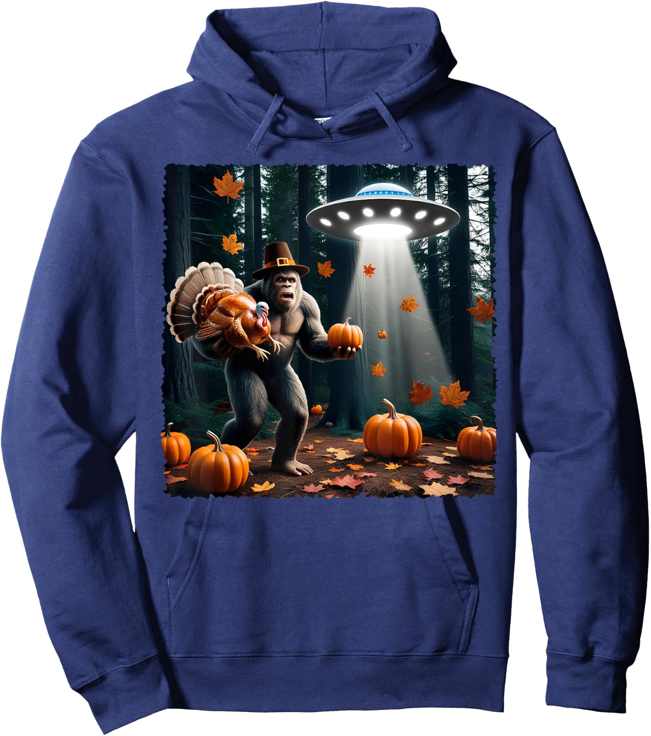 Bigfoot Sasquatch Turkey UFOs Funny Thanksgiving Day Pumpkin Hoodie - Hoodie | Navy