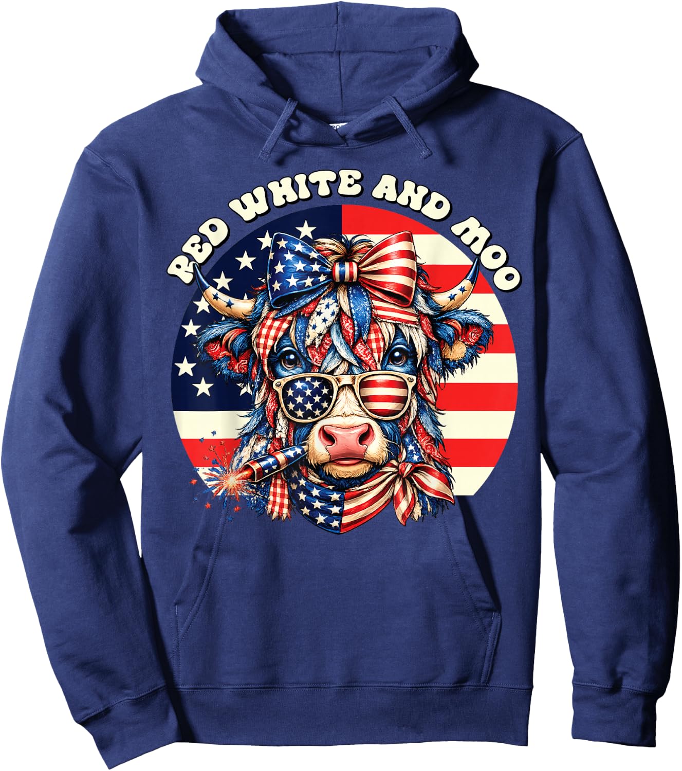 Patriotic Cow USA Flag 4th of July Red and White and Moo Hoodie - Hoodie | Navy