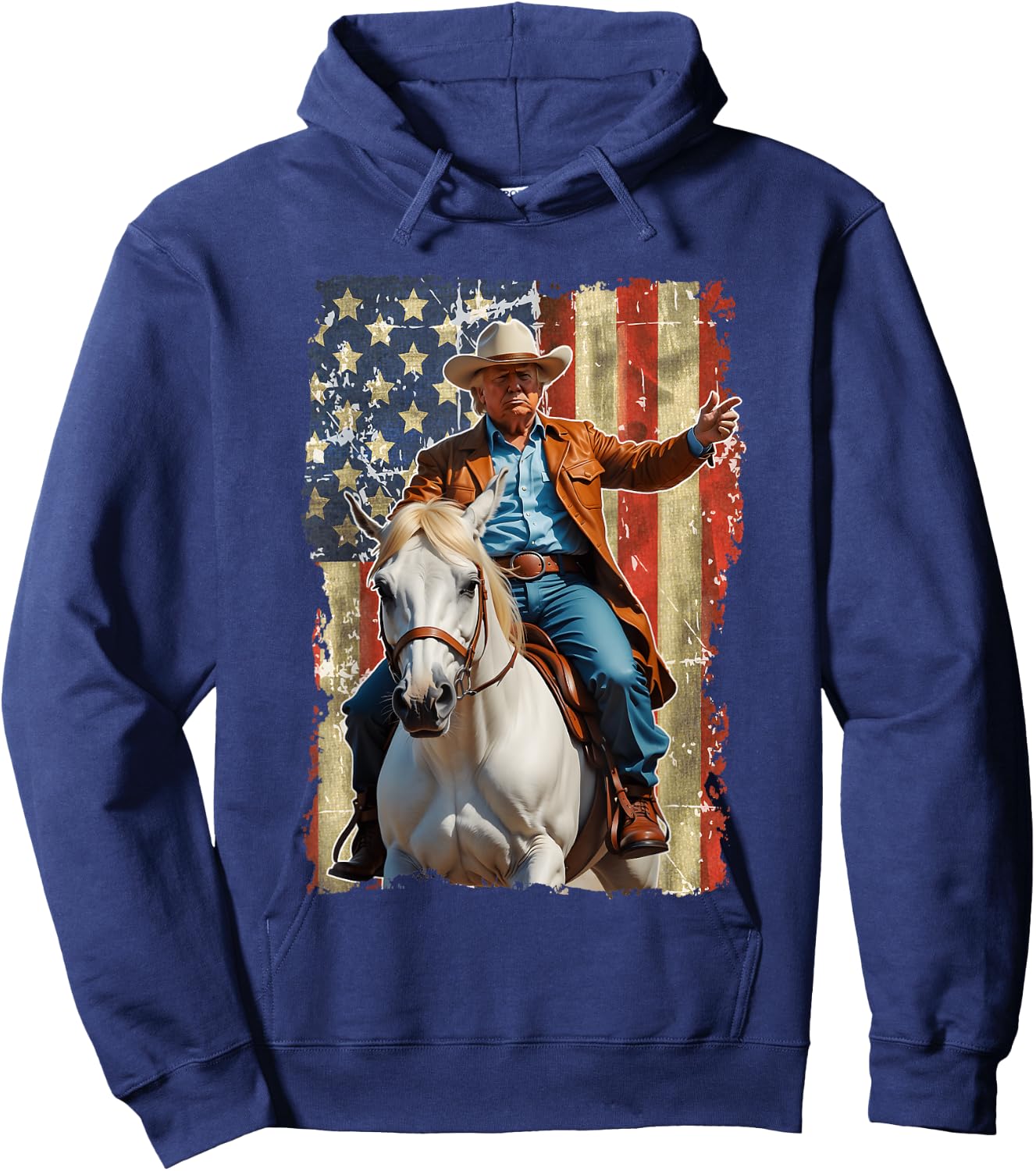 Trump Riding Horse American Flag Cowboy Hoodie - Hoodie | Navy