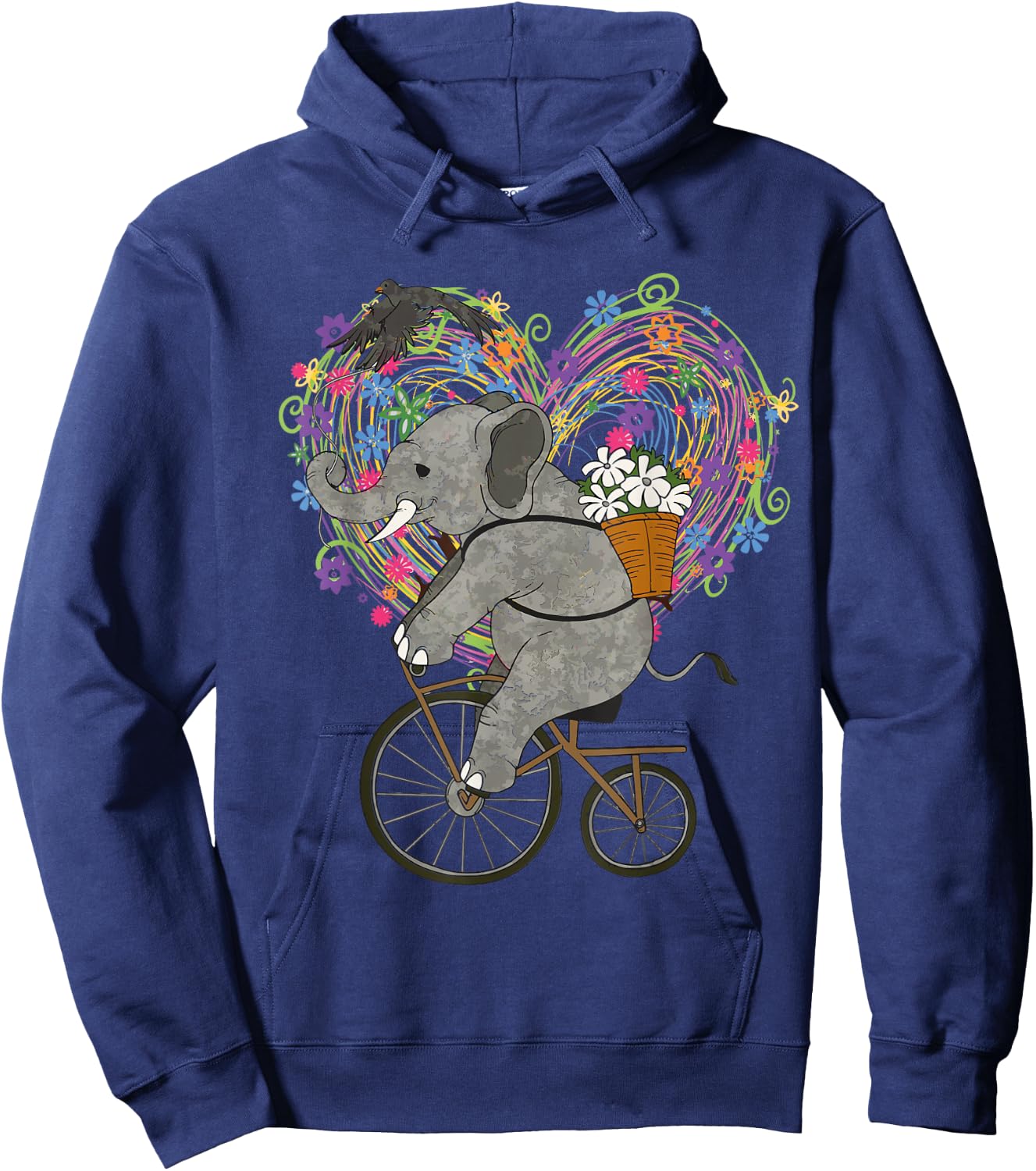 Cute Elephant Loves Cycling On Vintage Bike - Floral Heart Hoodie - Hoodie | Navy