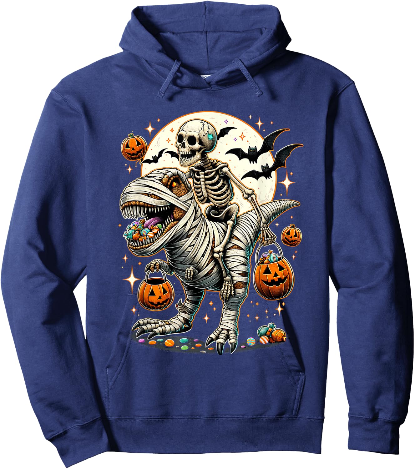 Skeleton Riding Mummy Dinosaur T Rex Kids Boys Men Halloween Hoodie - Hoodie | Navy