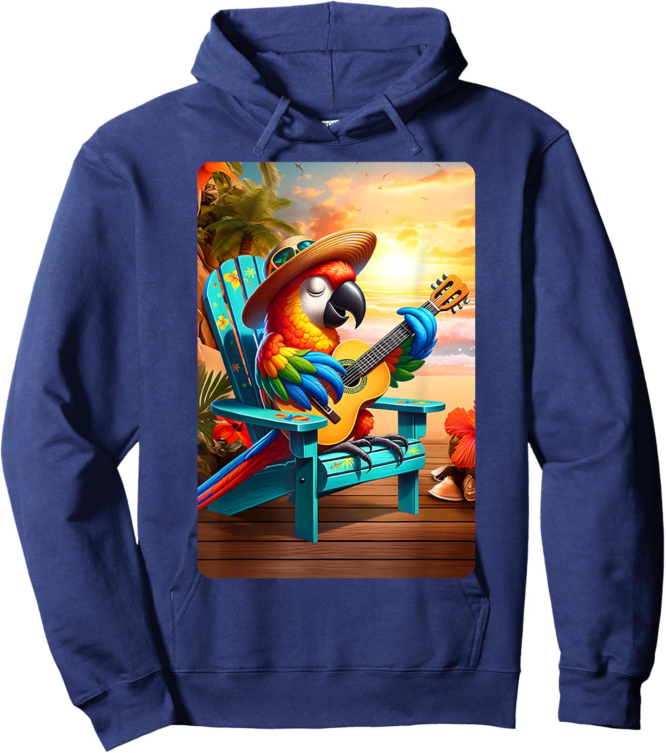 Cool Parrot Playing Guitar On Beach Guitar Parrot Sunset Women Kids Hoodie - Hoodie | Navy