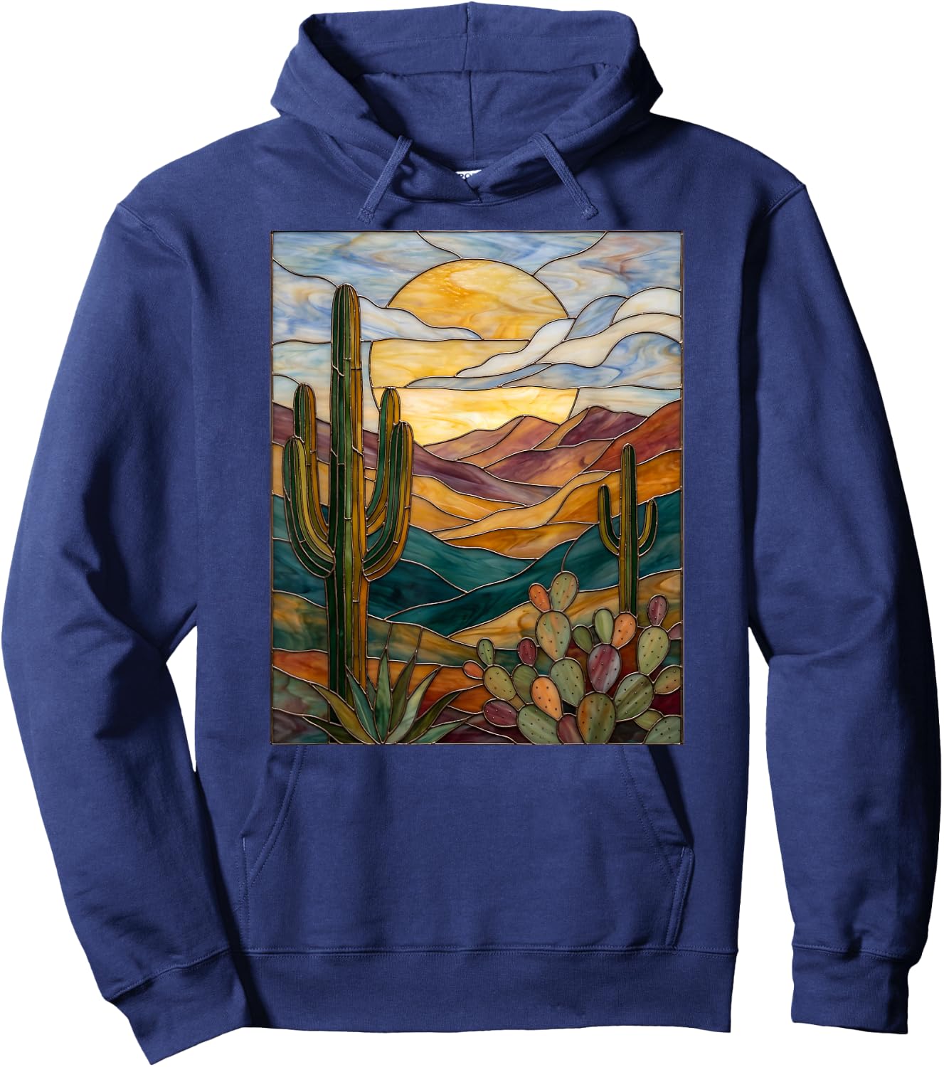 Stained Glass Cactus Artful Trendy Hoodie - Hoodie | Navy